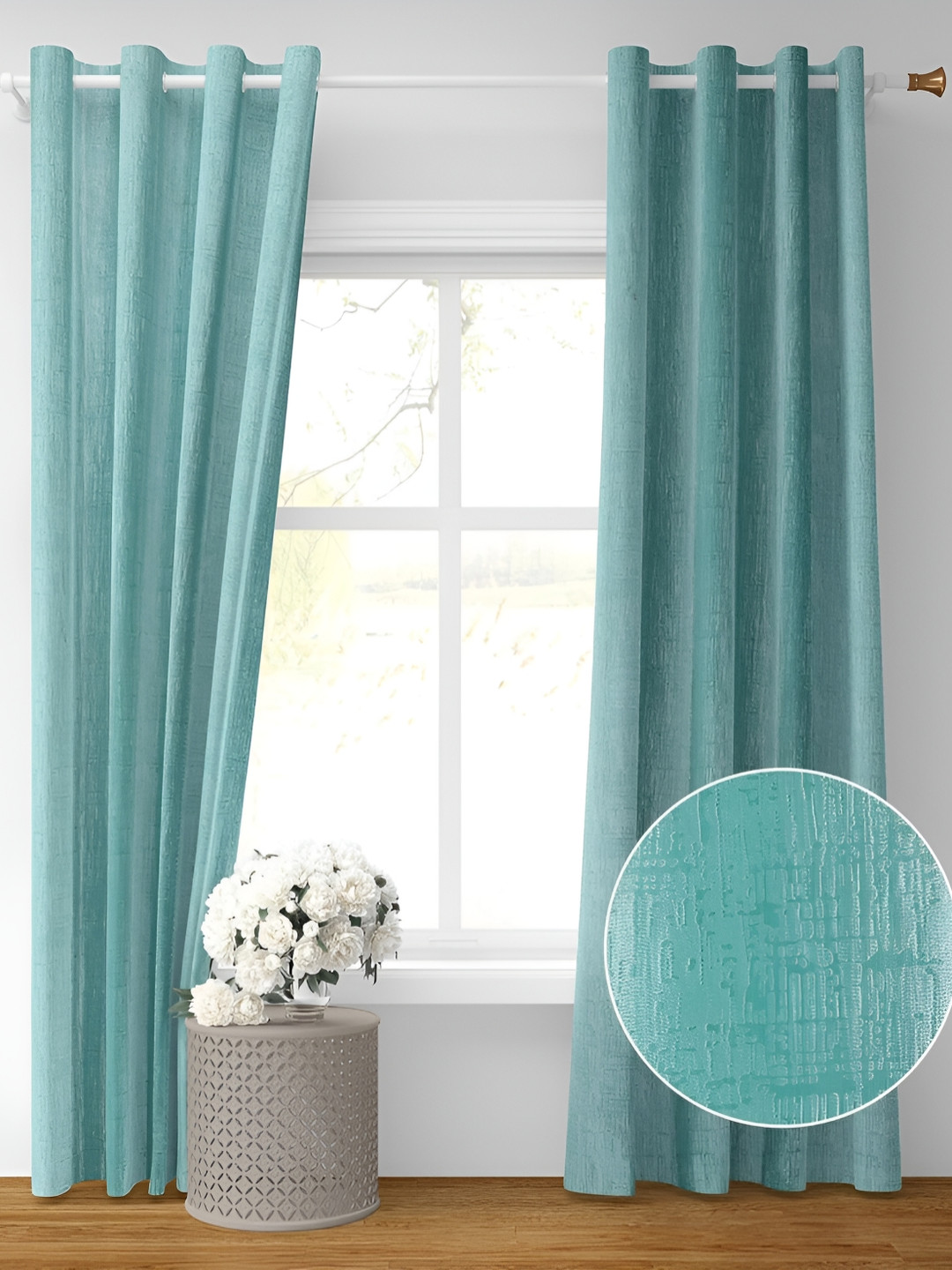 RIDHAAN Sea Green Textured Room Darkening Long Door Curtain