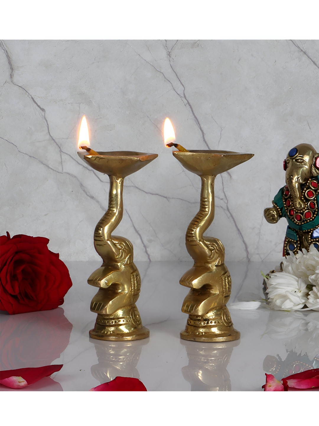 Two Moustaches Gold Toned 2 Pieces Textured Brass Diyas