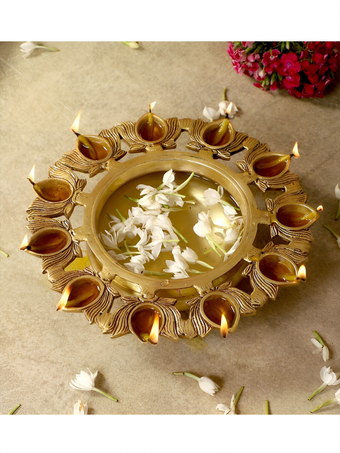 Two Moustaches Gold Toned Brass Urli Bowl With Diyas