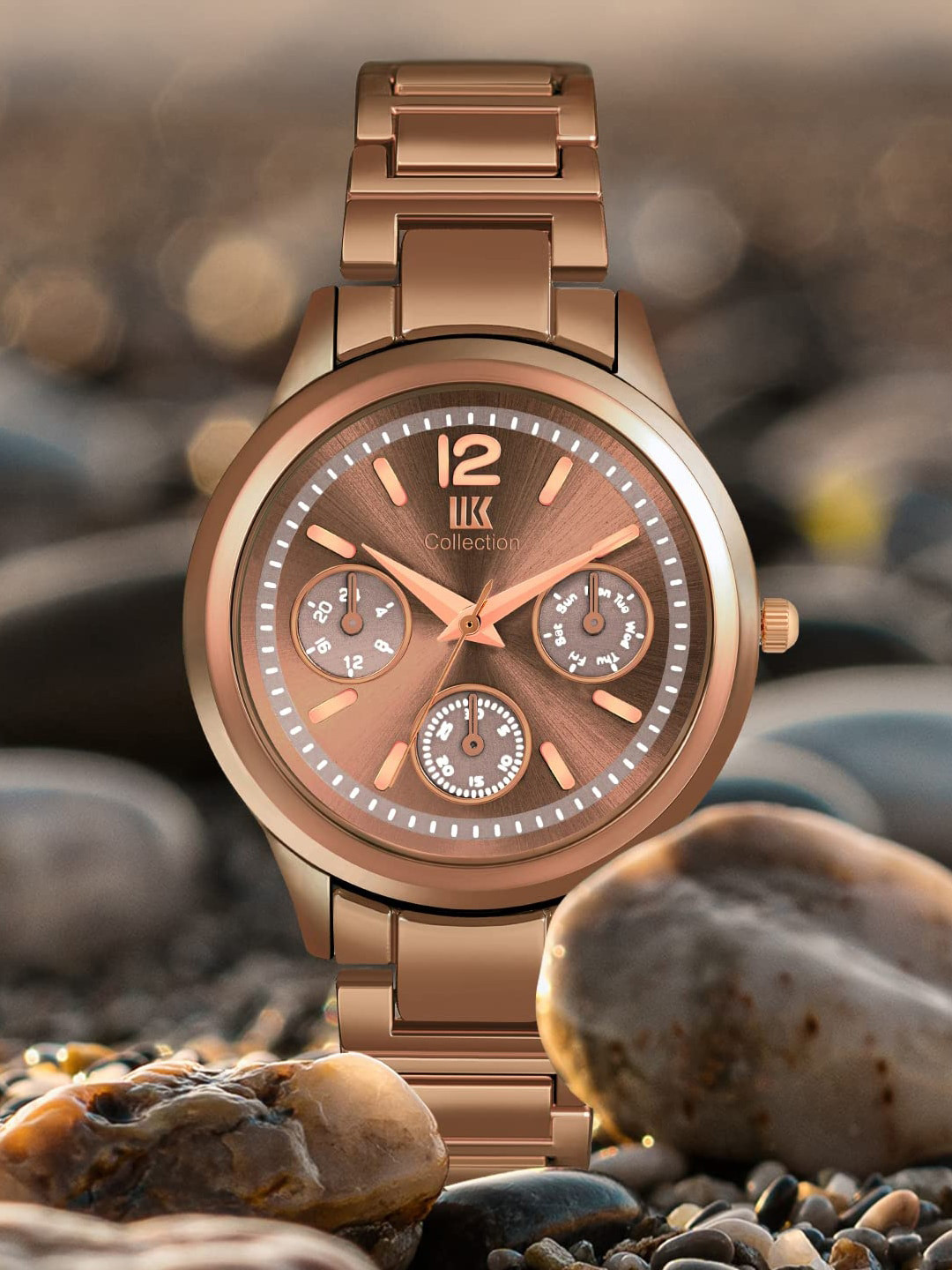 IIK COLLECTION Women Brown Round Dial Stainless Steel Bracelet Chain Strap Analogue Watch