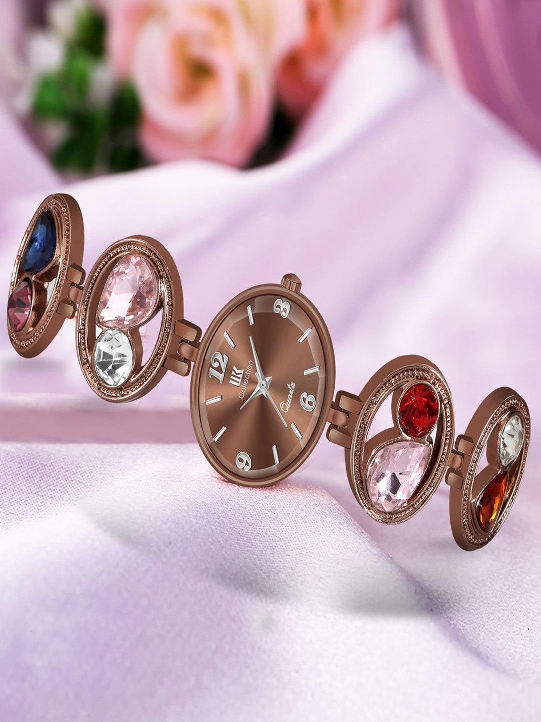 IIK COLLECTION Women Brown Oval Dial Stainless Steel Bracelet Chain Strap Watch