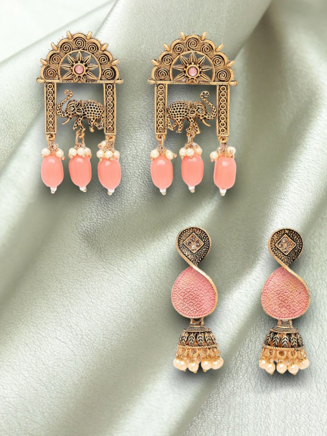 ADIVA Set Of 2 Gold-Plated Stone-Studded & Beaded Animal Shaped Drop Earrings