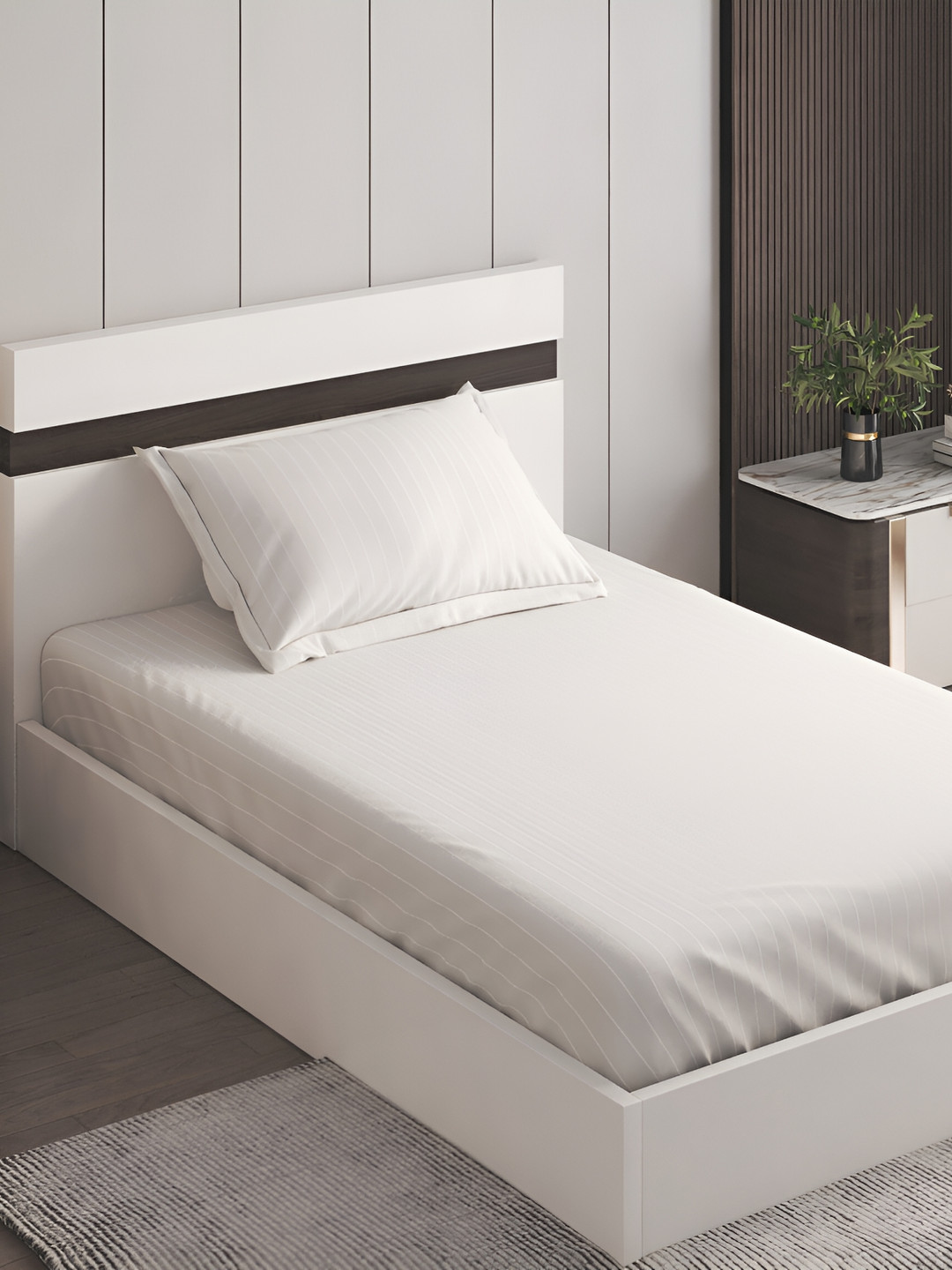 Home Centre Campbell Grey Striped Cotton 210 TC Single Fine Bedsheet with a Pillow Cover-60 x 90 inches