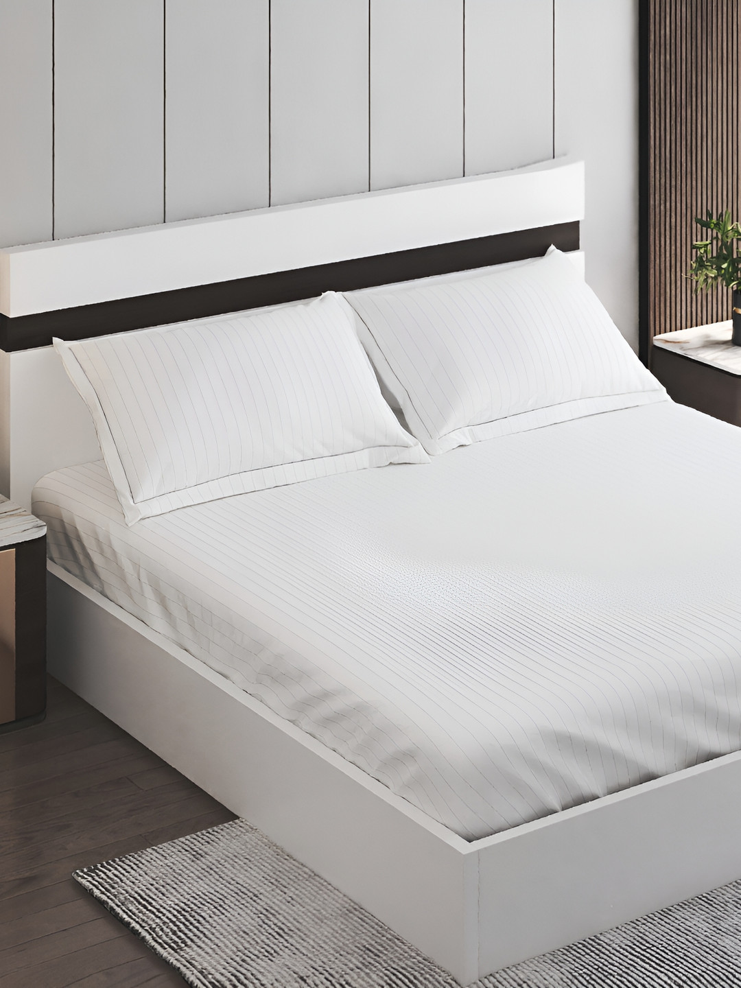 Home Centre White Striped Cotton 210 TC Fitted King Fine Bedsheet with 2 Pillow Covers-71 x 77 inches