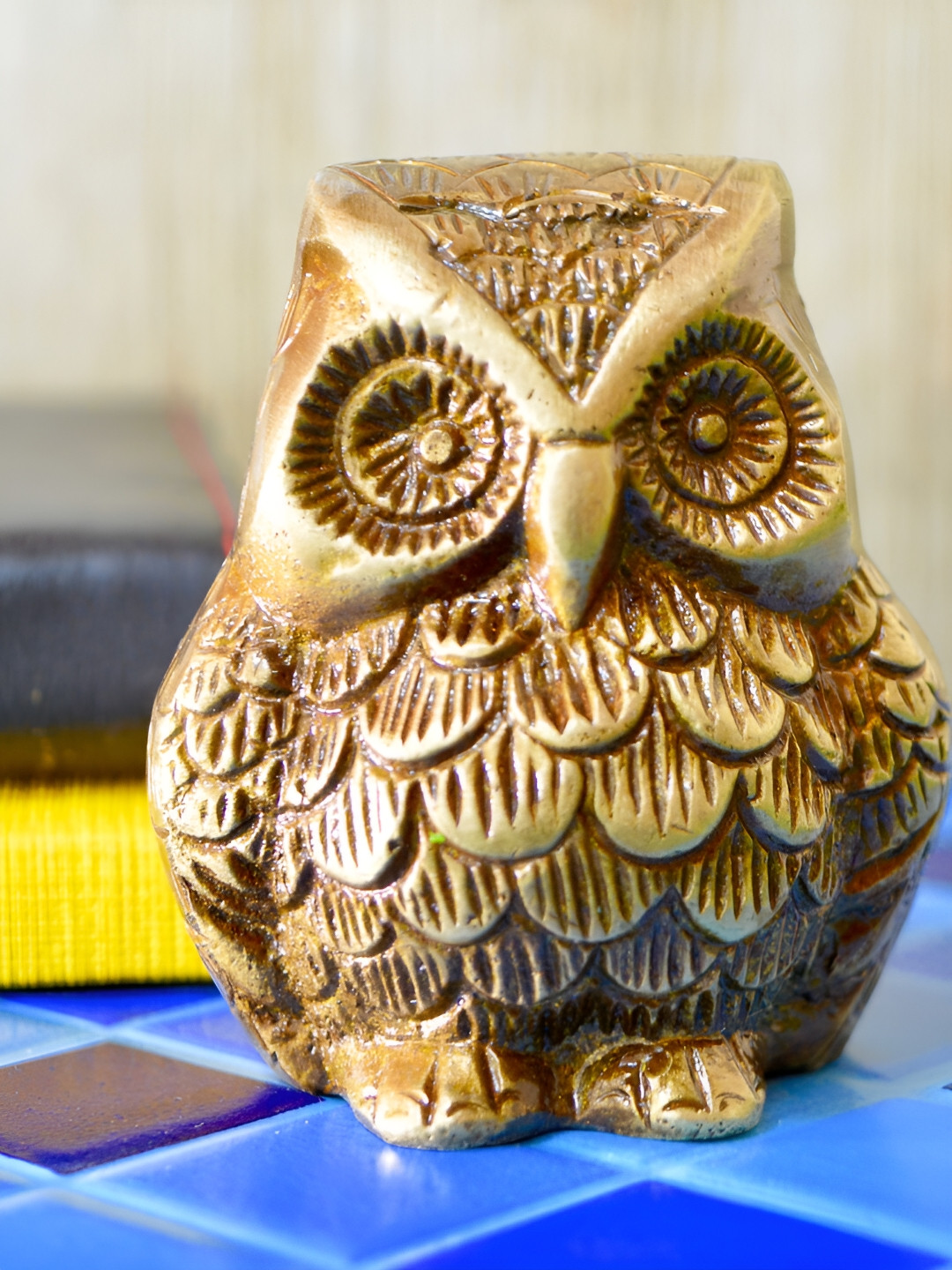 Aakrati Owl Brown Brass Metallic Living Room Tiny Showpiece - 2.8 Inches