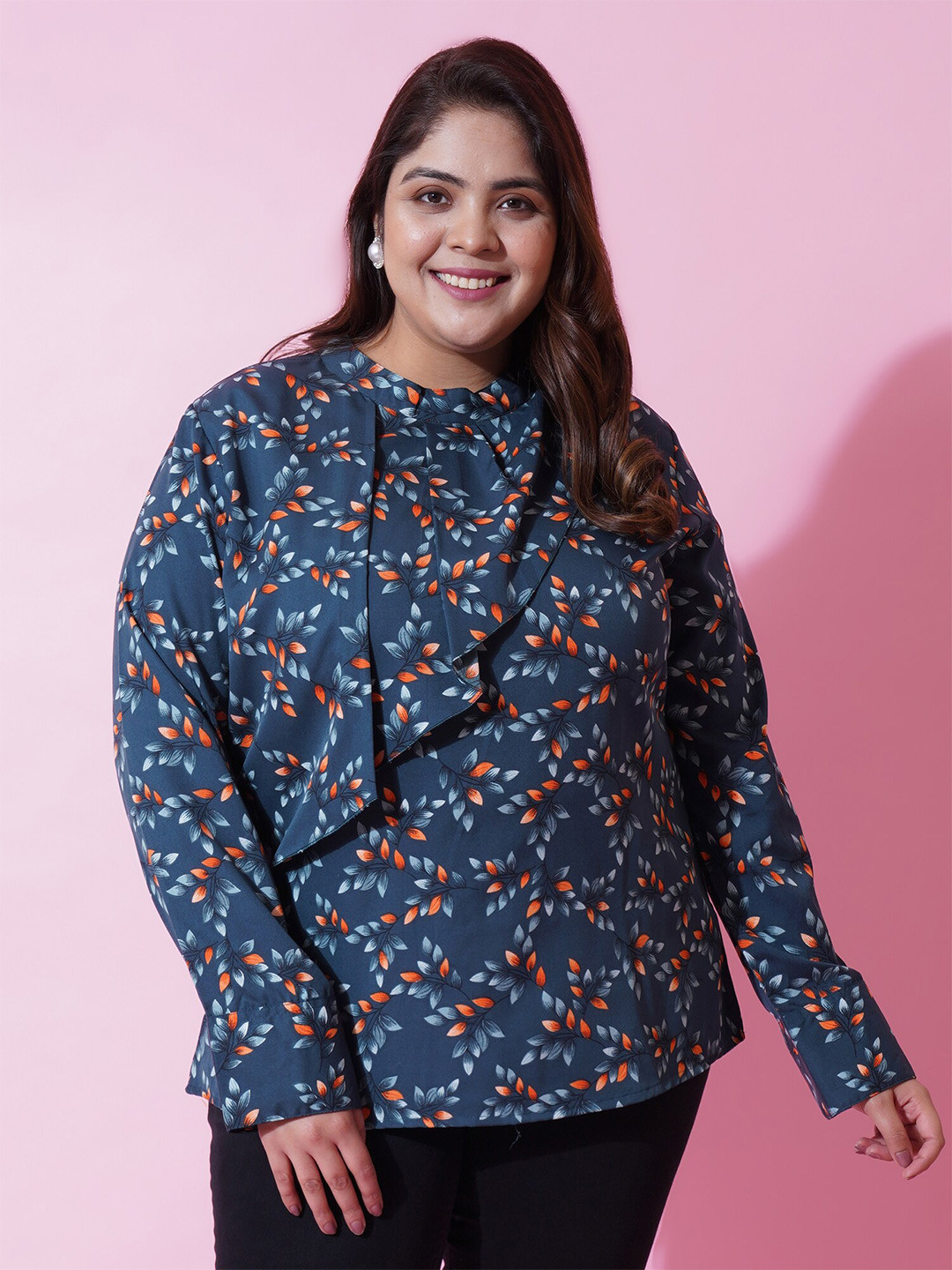 U&F Beyond Plus Size Floral Printed High Neck Cuffed Sleeve Ruffled Top