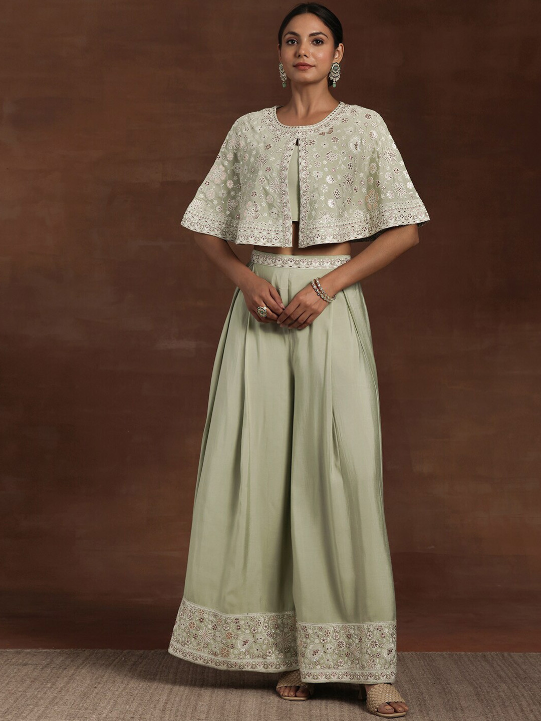 Libas Embroidered Sleeveless Top, Poncho & Palazzos Co-Ords