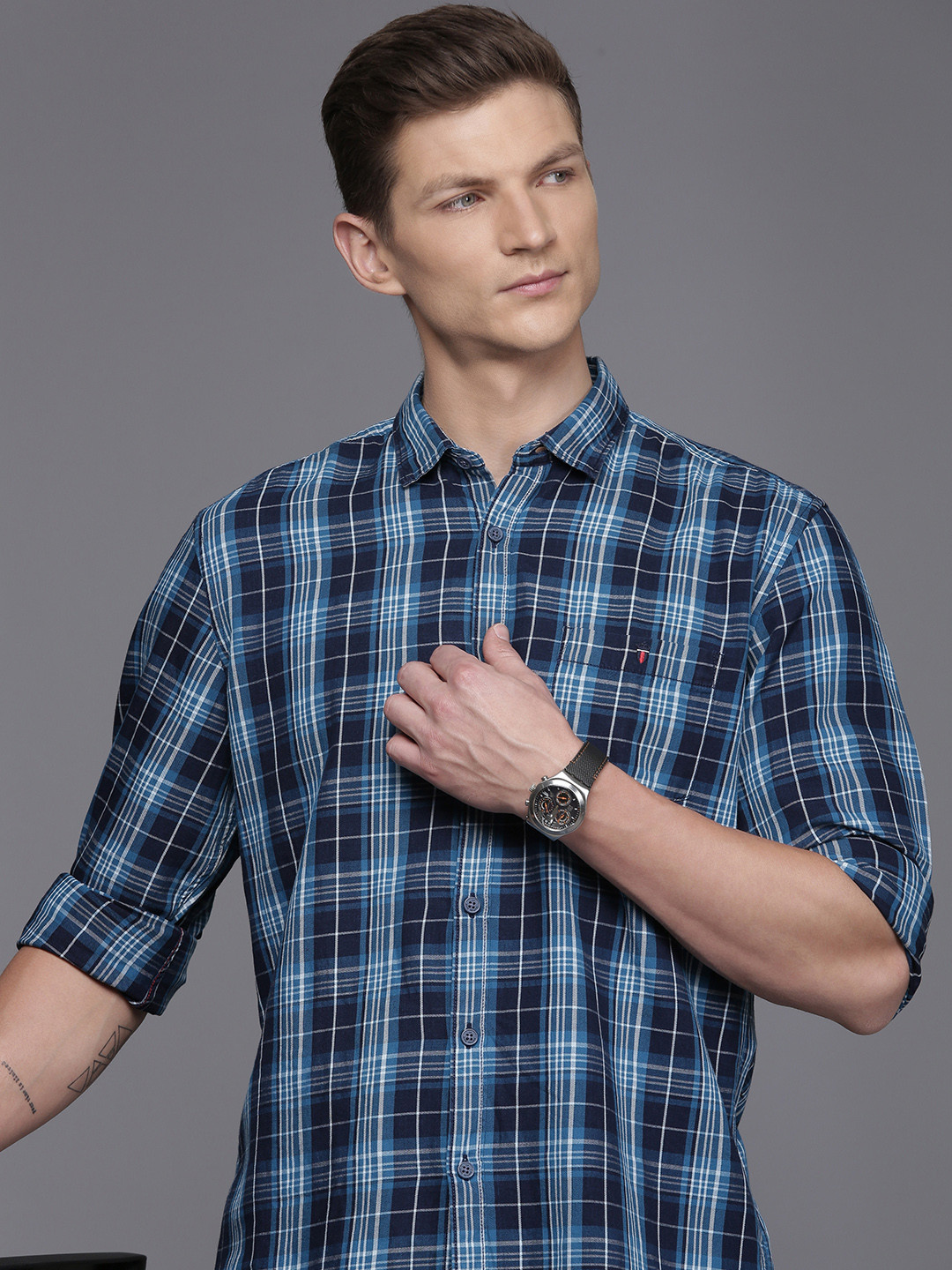 Louis Philippe Jeans Men Super Slim Fit Tartan Checked Pure Cotton Casual Shirt