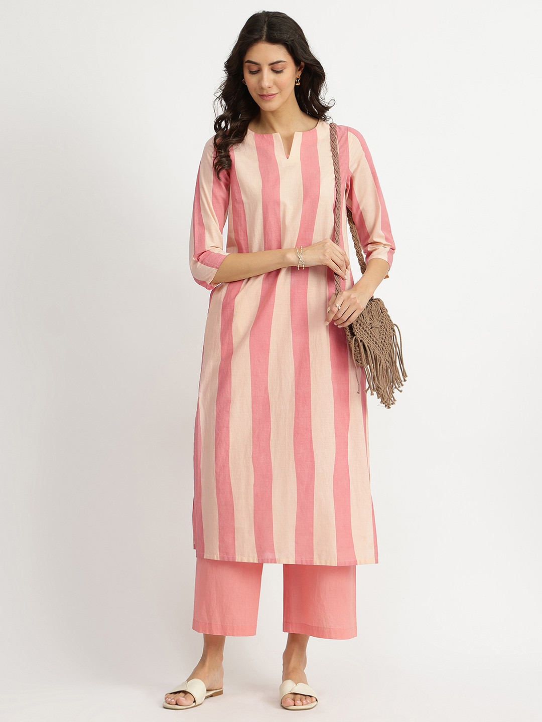 Pink Fort Striped Round Neck Three-Quarter Sleeves Pure Cotton Kurta with Palazzos