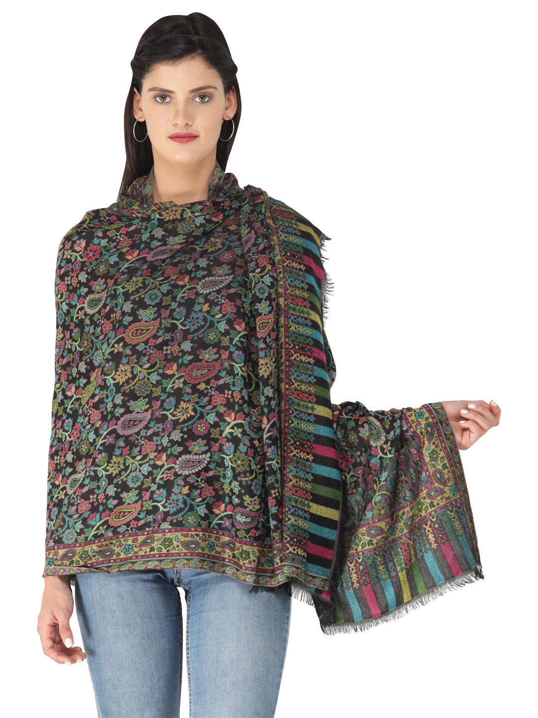 Exotic India Black Beauty Pure Wool Kani Jamawar Multicolor Floral Vines Stole