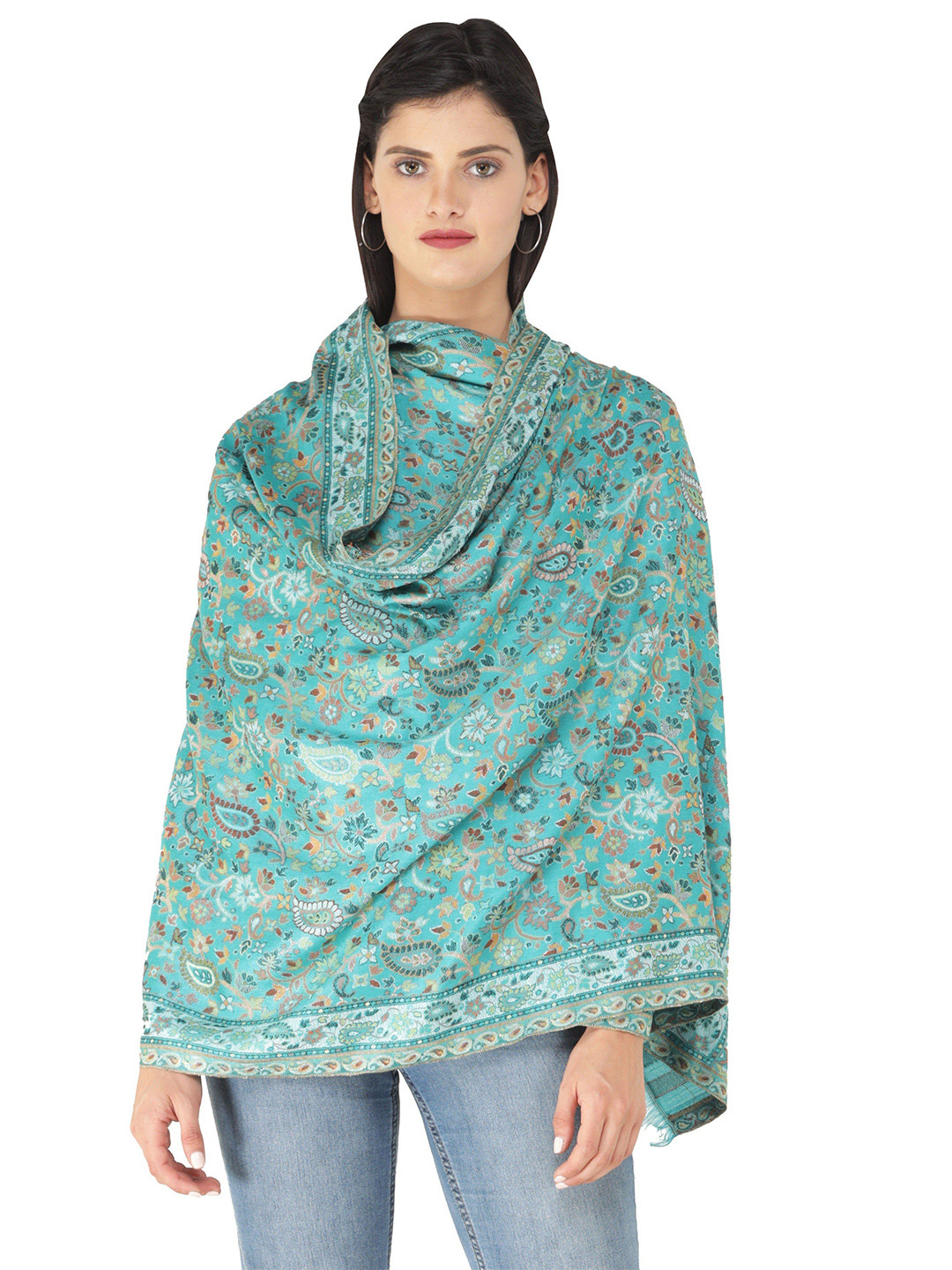 Exotic India Ceramic Pure Wool Kani Jamawar Multicolor Floral Vines Stole