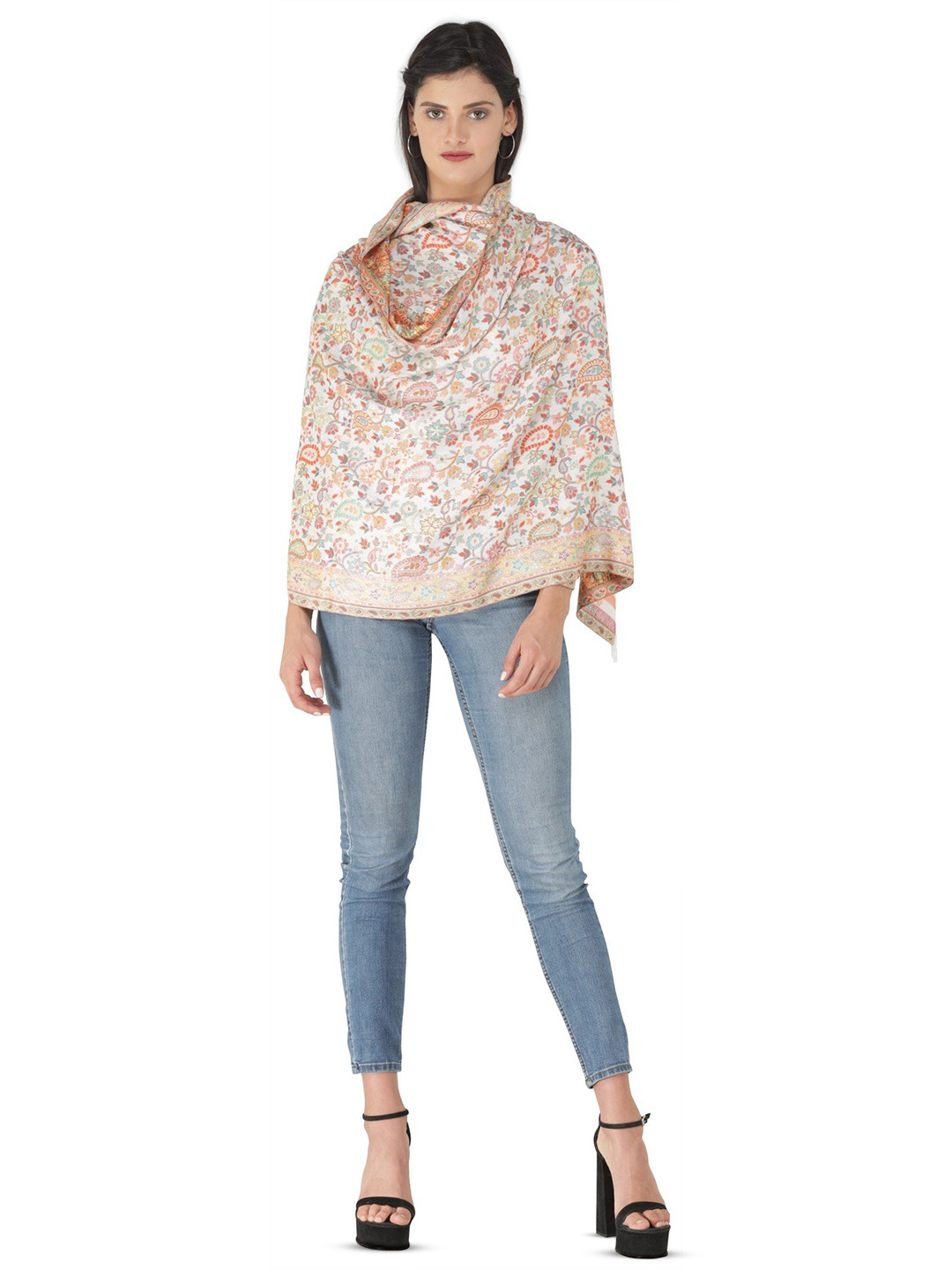 Exotic India Bright White Pure Wool Kani Jamawar Multicolor Floral Vines Stole