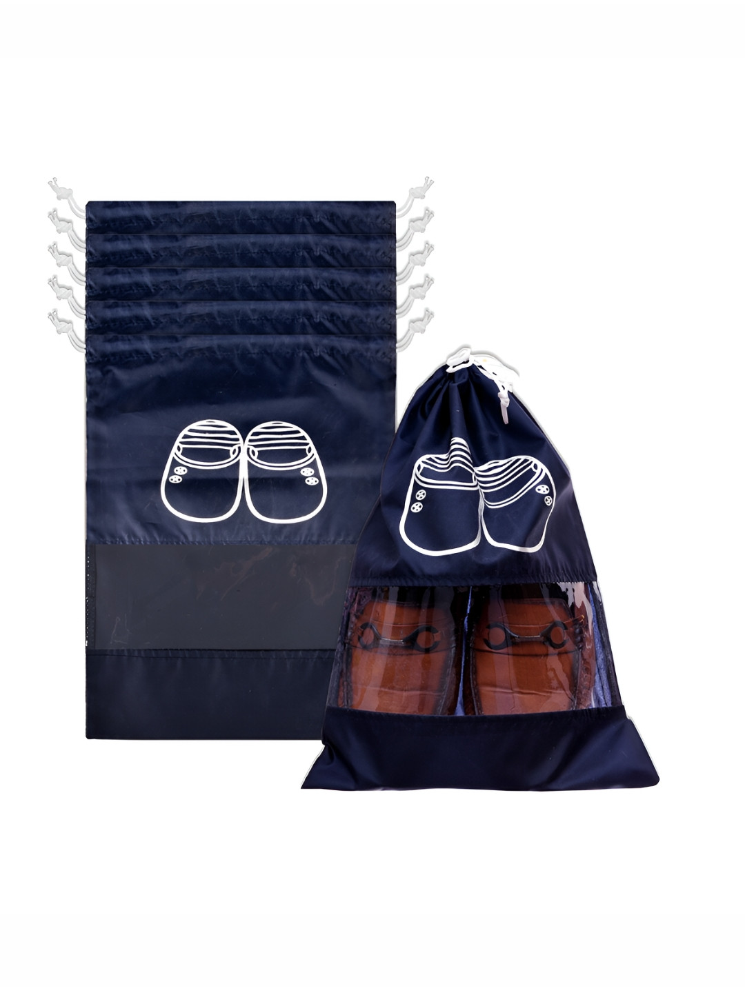 Kuber Industries 6-PcsBlue & White  Drawstring Printed Shoe Bags