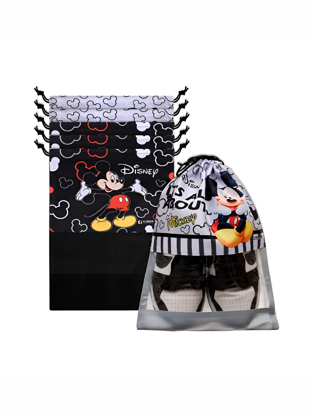 Kuber Industries 6-Pcs  Black & White Drawstring Shoe Bags