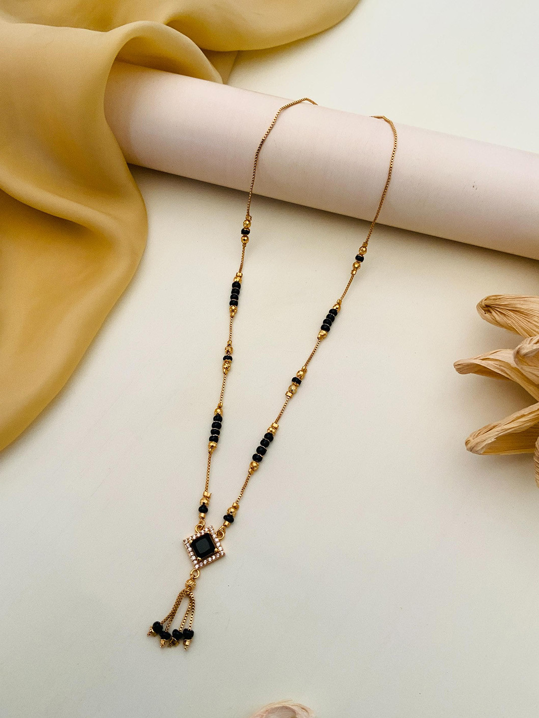 ABDESIGNS Gold-Plated American Diamond-Studded and Beaded Mangalsutra