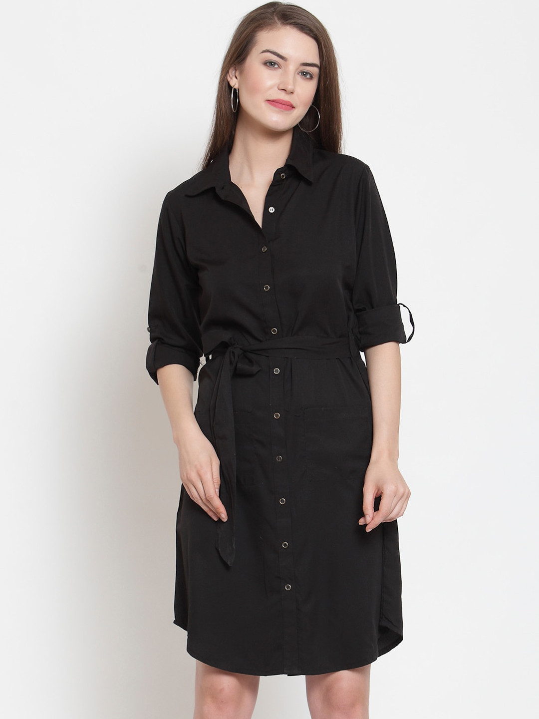 Color Cocktail Roll-Up Sleeves Shirt Dress