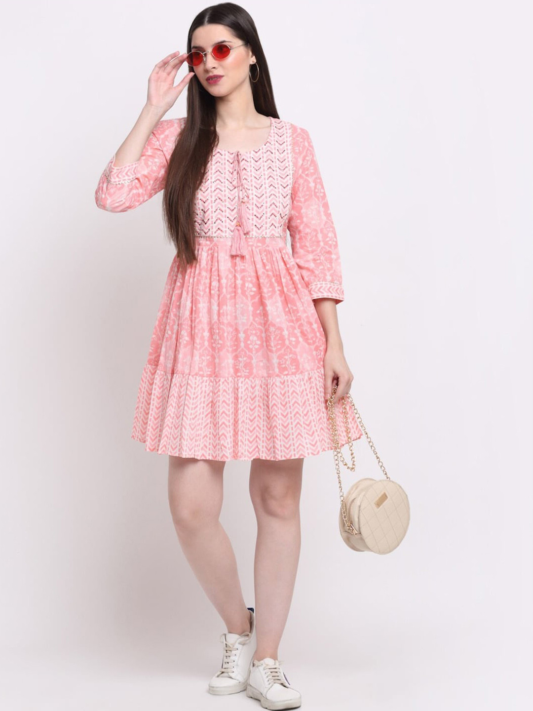 Shedika Ethnic Motifs Printed Tie-Up Neck Fit & Flare Cotton Ethnic Dress