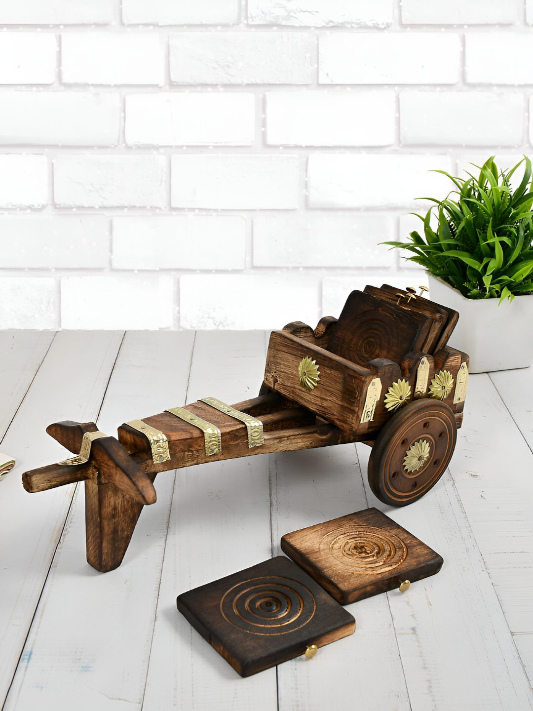 CLIO'S HERITAGE STORE Brown 6 Pieces Wooden Square Coasters Cart