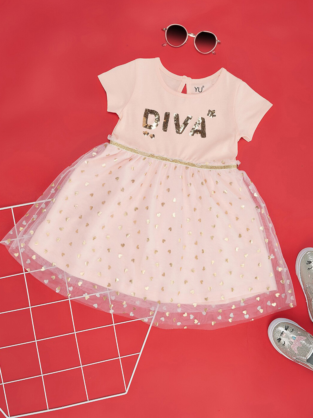 YU by Pantaloons Girls Printed Round Neck Short Sleeves Fit & Flare Dress