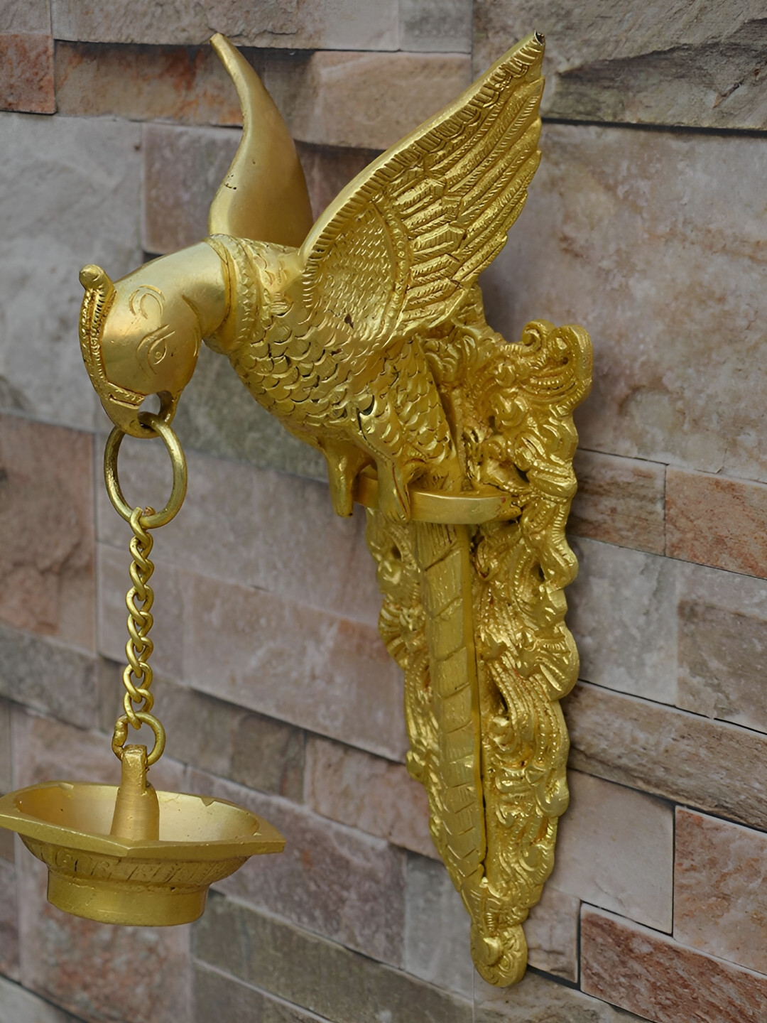 Aakrati Bird holding oil lamp Brass Glossy Hall Spiritual Wall Decor-9.8In