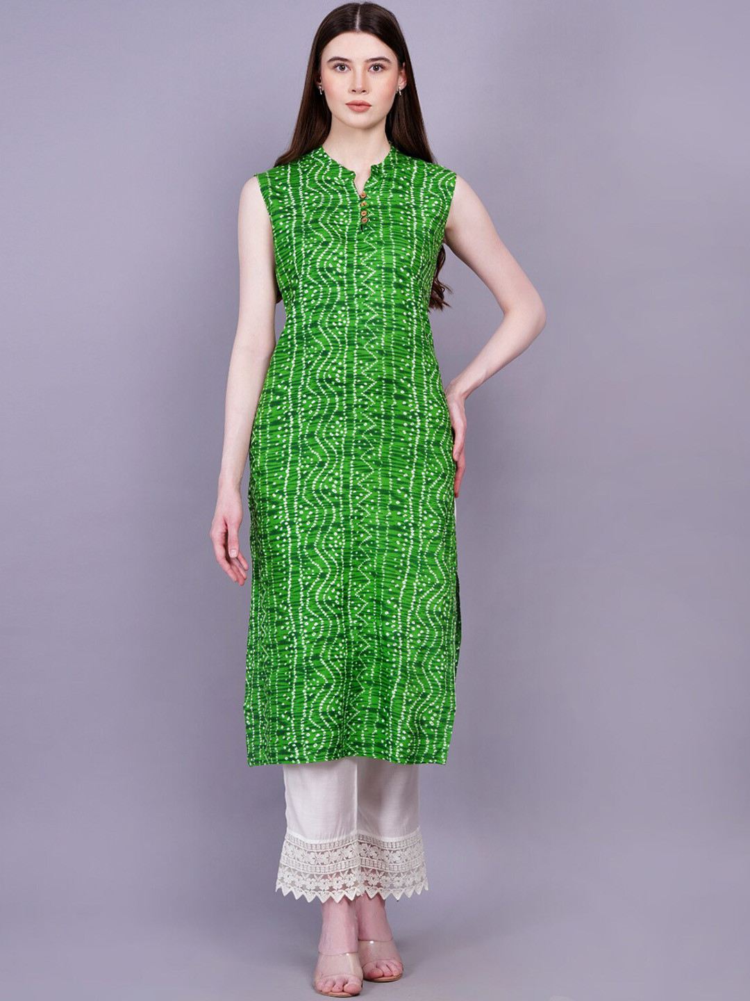HIGHLIGHT FASHION EXPORT Bandhani Printed Mandarin Collar Straight Kurta
