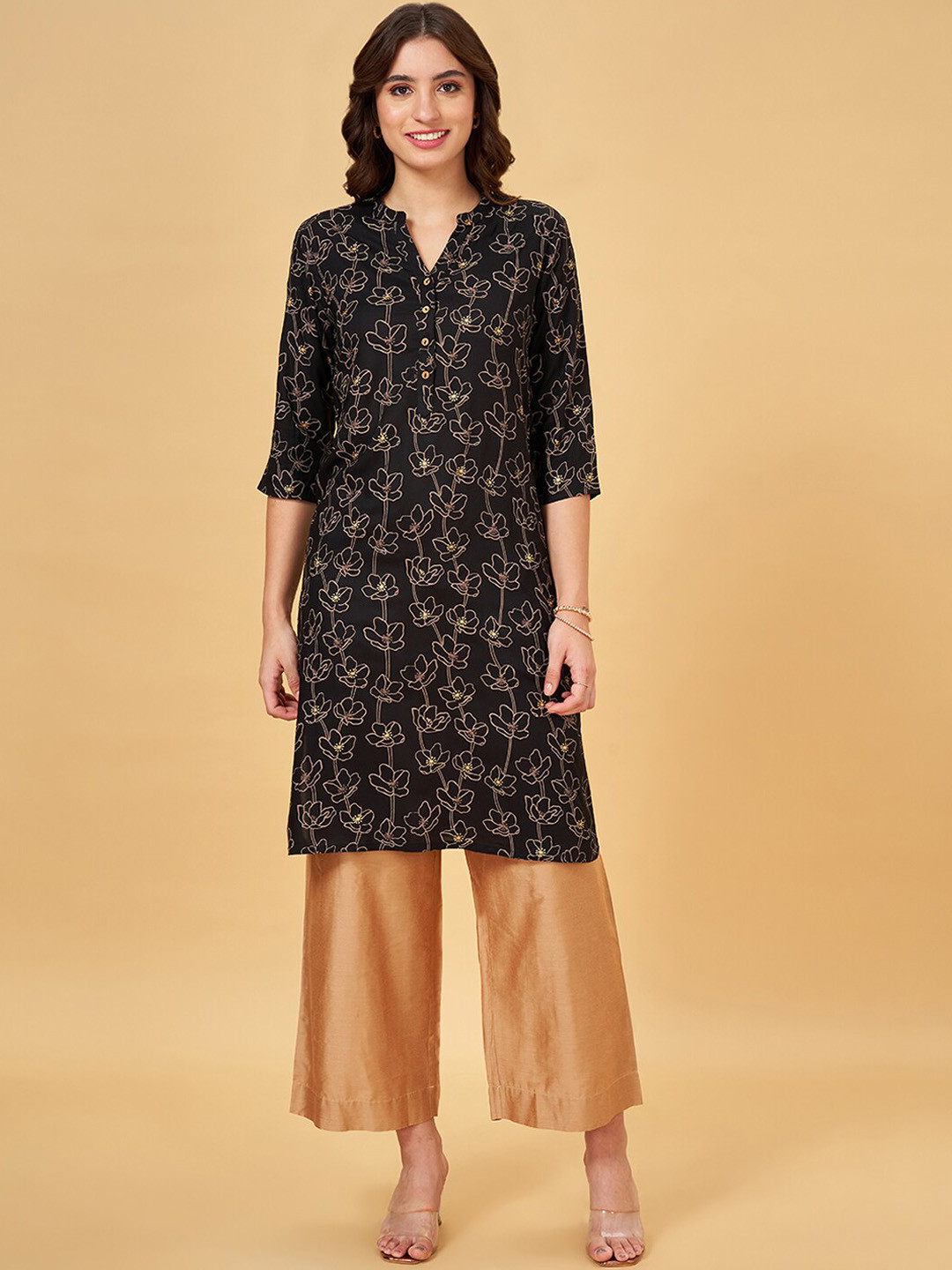 RANGMANCH BY PANTALOONS Floral Printed Mandarin Collar Straight Kurta