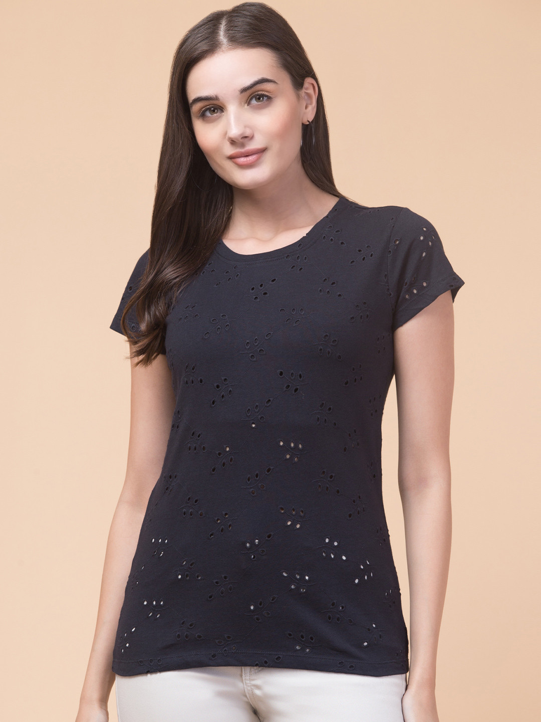 BAESD Floral Self Design Cotton Relaxed Fit T-shirt