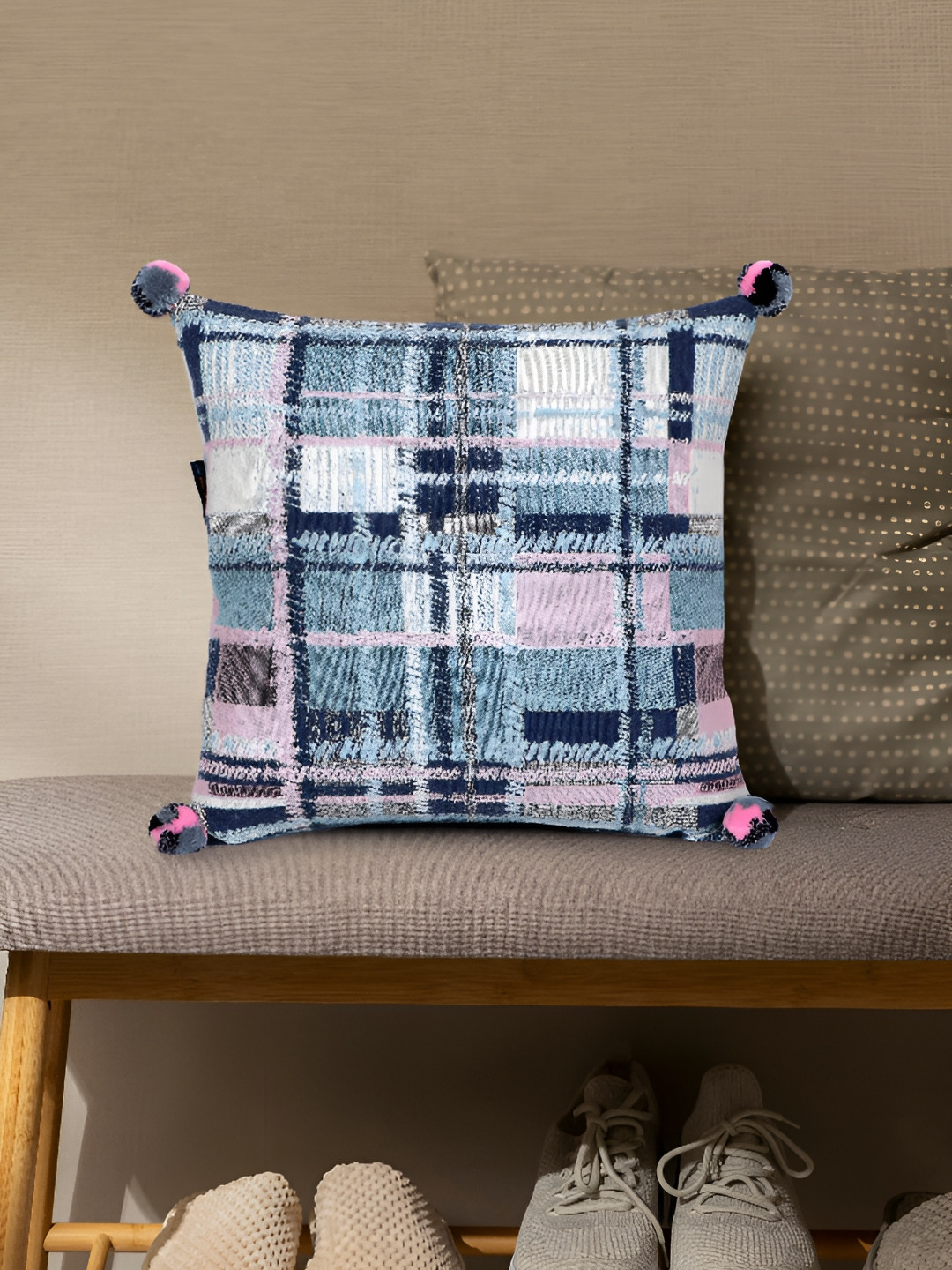 Mezposh Blue Geometric Cotton Acrylic Jacquard Breathable Square Cushion Cover -16x16In