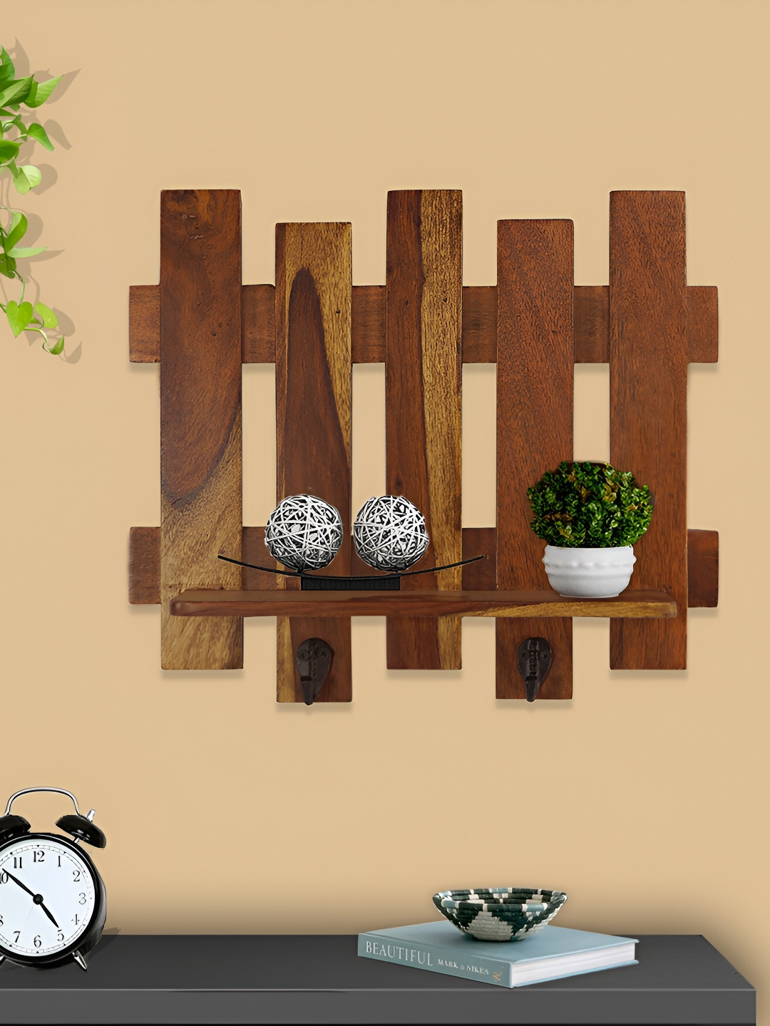 GLOBALLY INDIAN Brown Wooden Wall Shelf with Keyholders