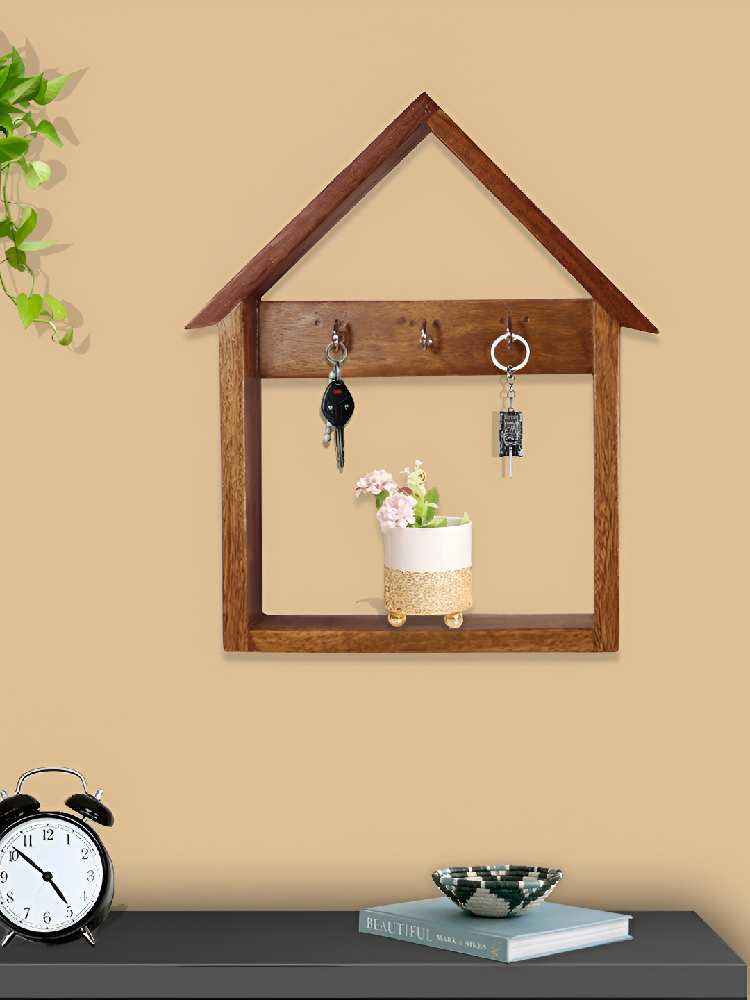 GLOBALLY INDIAN Brown Wooden Wall Shelf with Keyholders