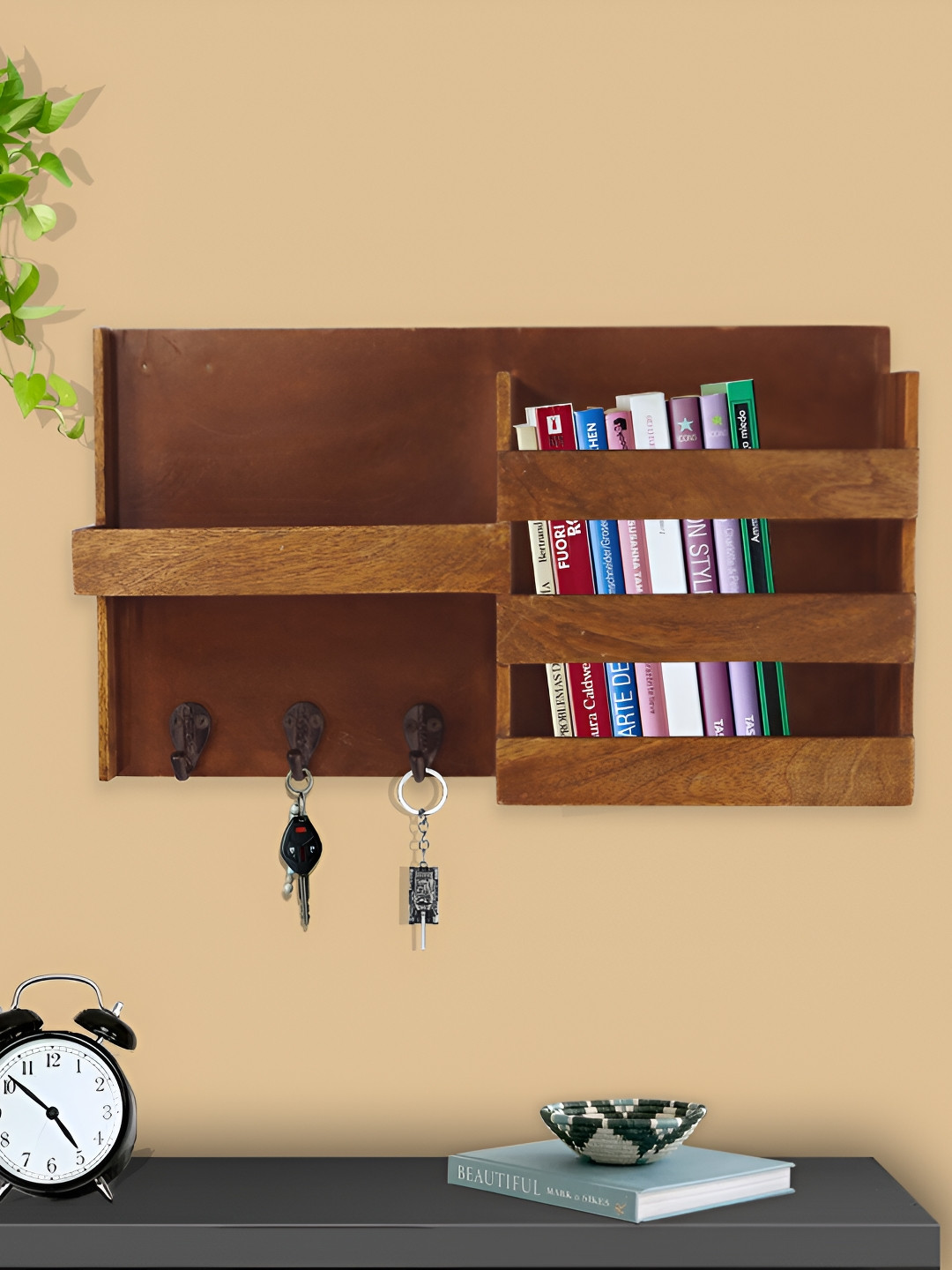 GLOBALLY INDIAN Brown Wooden Wall Shelf with Keyholders