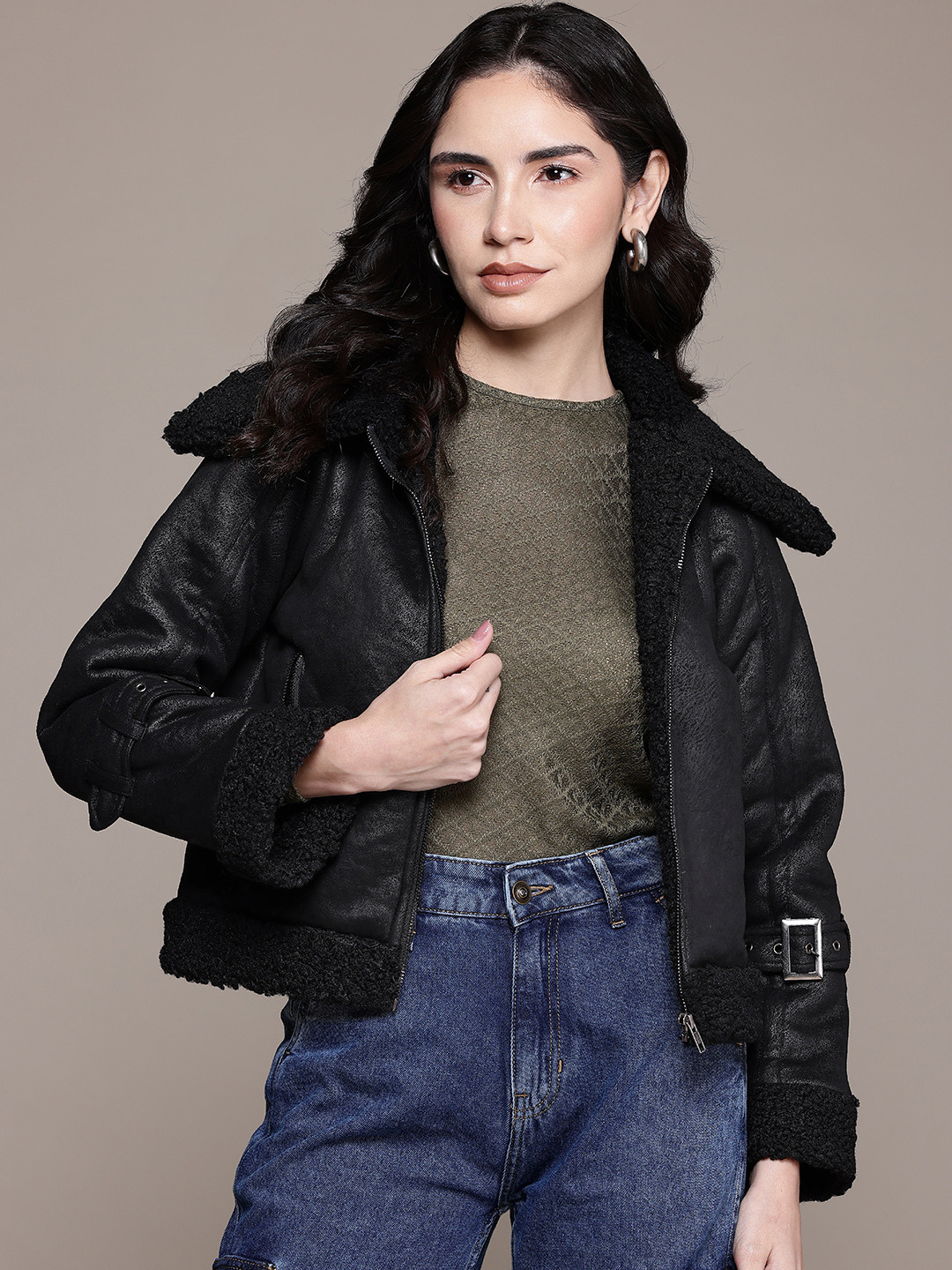 The Roadster Lifestyle Co. Belt Detail Fleece Sherpa Jacket