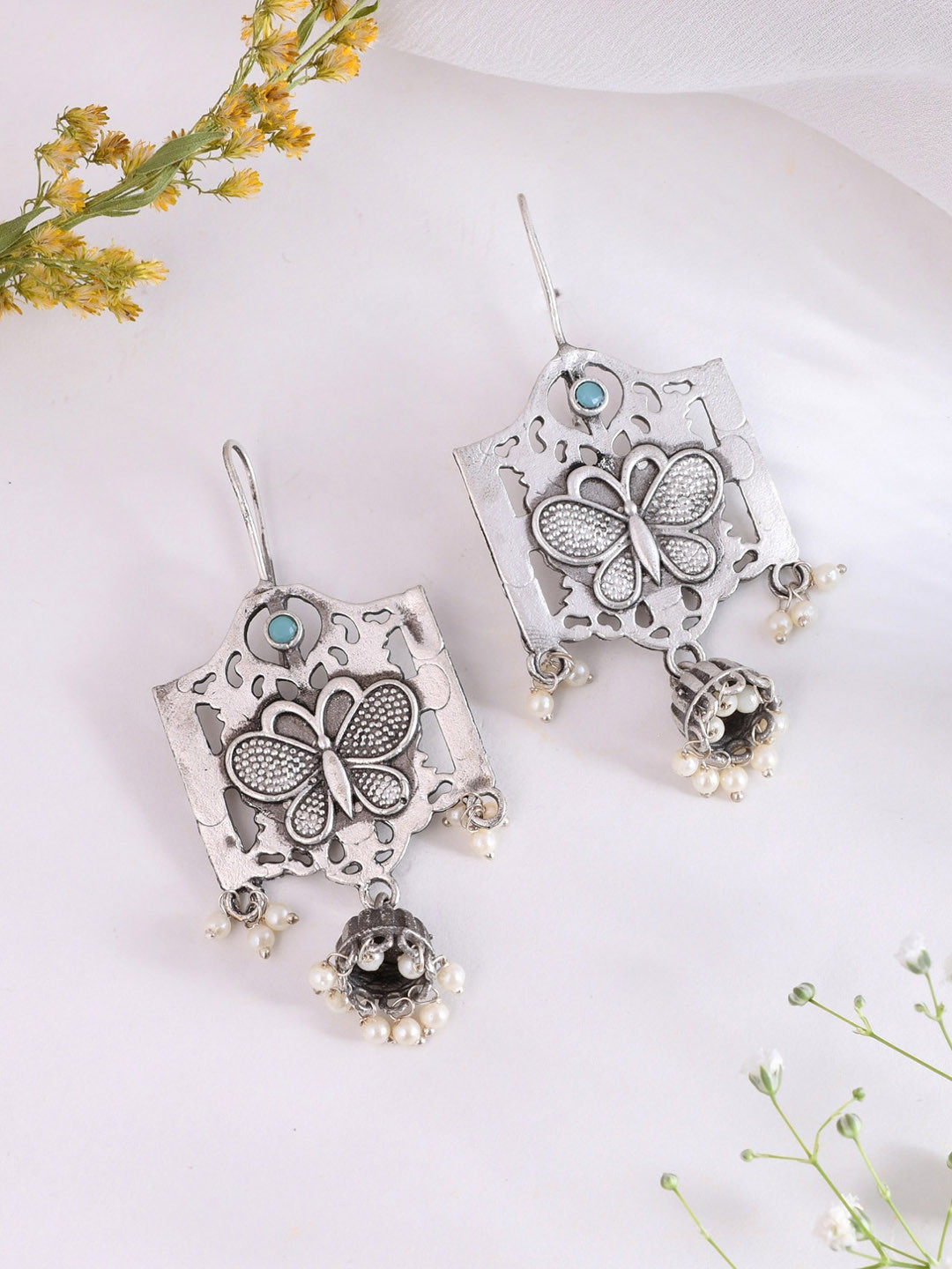 DASTOOR Butterfly Shaped Oxidised Silver Jhumkas