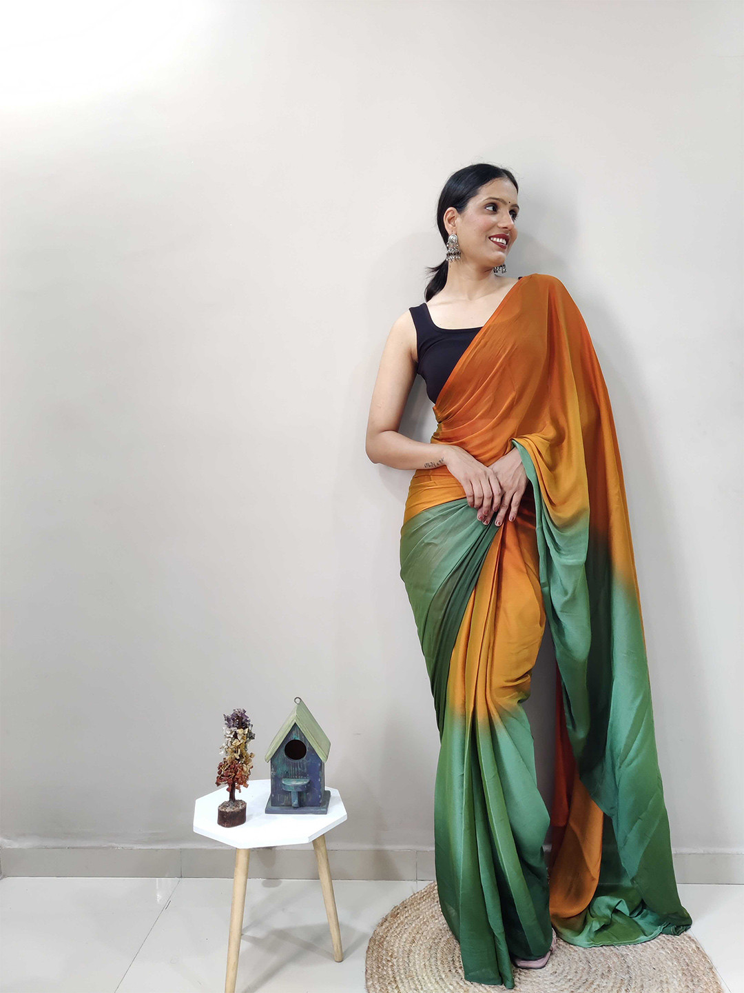 Mitera Green & Orange-Coloured Ombre Printed Ready To Wear Saree