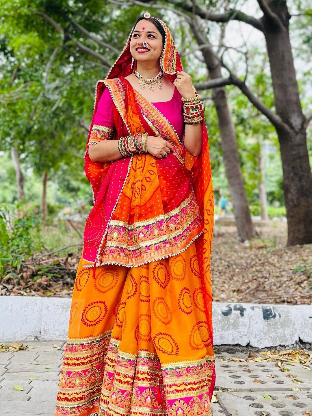 Mitera Yellow & Red Printed Gotta Patti Bandhani Saree