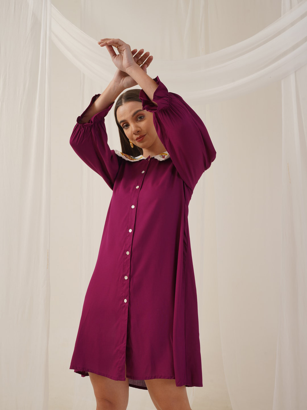 Indian Needle Peter Floral Embroidered Pan Collar Puff Sleeves A-Line Dress