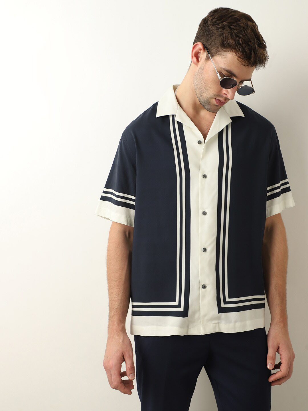 SELECTED Vertical Striped Drop-Shoulder Sleeves Oversized Cuban Collar Casual Shirt