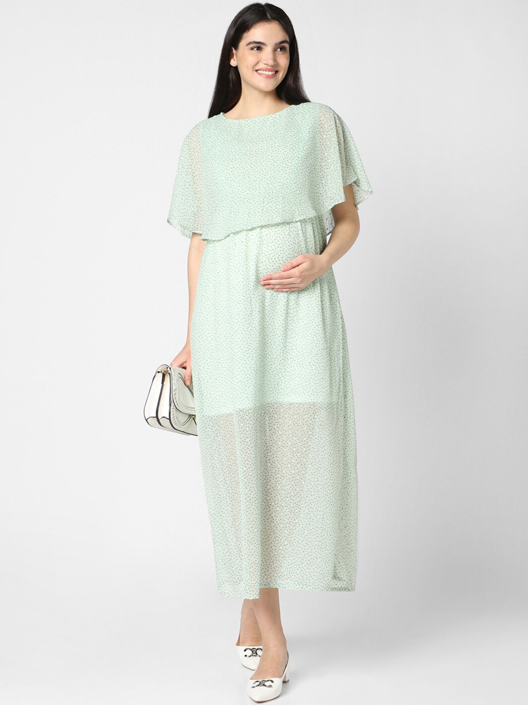 Mystere Paris Conversational Printed Cape Sleeves Semi Sheer Maternity A-Line Midi Dress