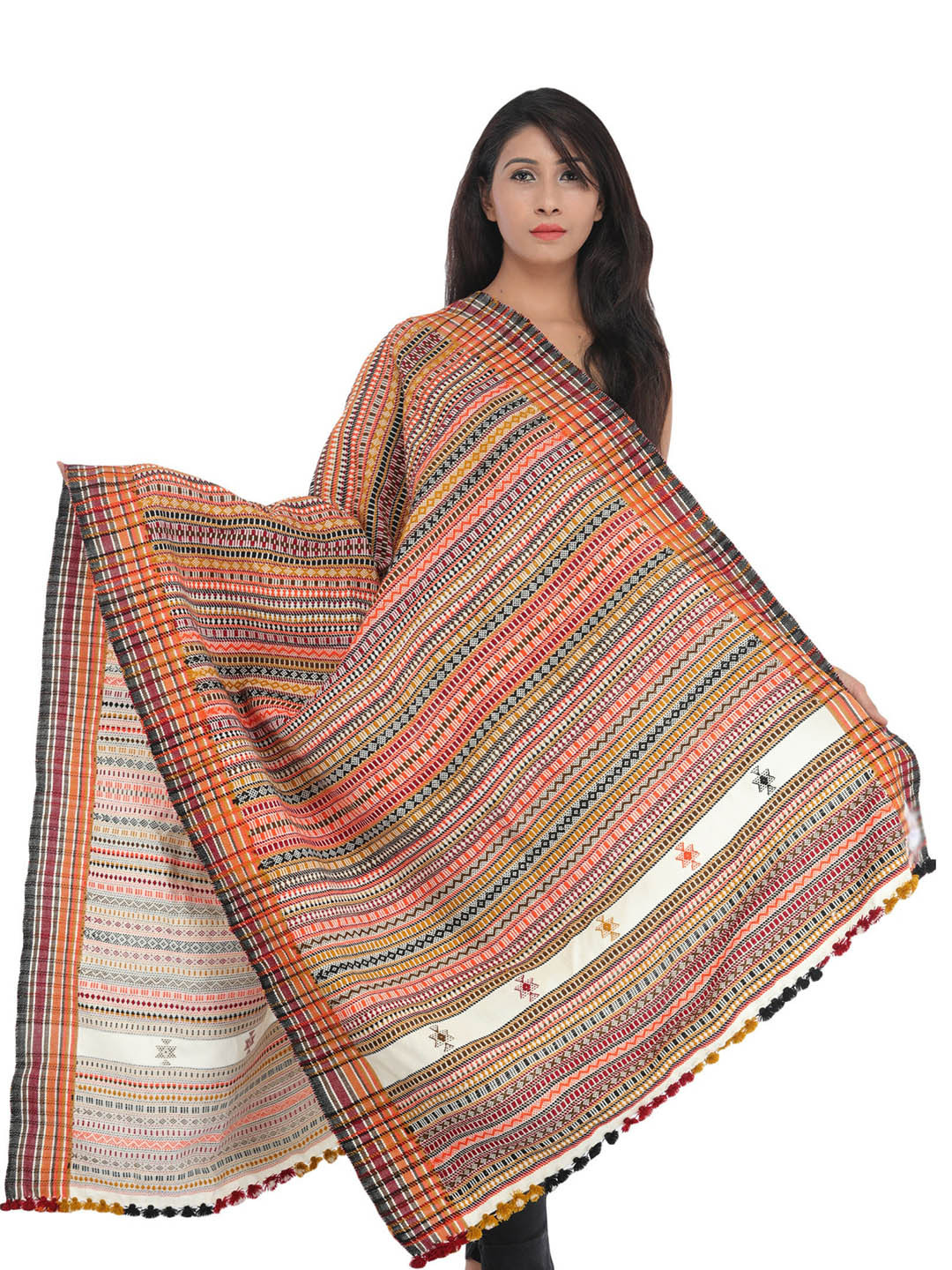 Exotic India Orange Wool Multi-color Hand-Woven Folk Shawl