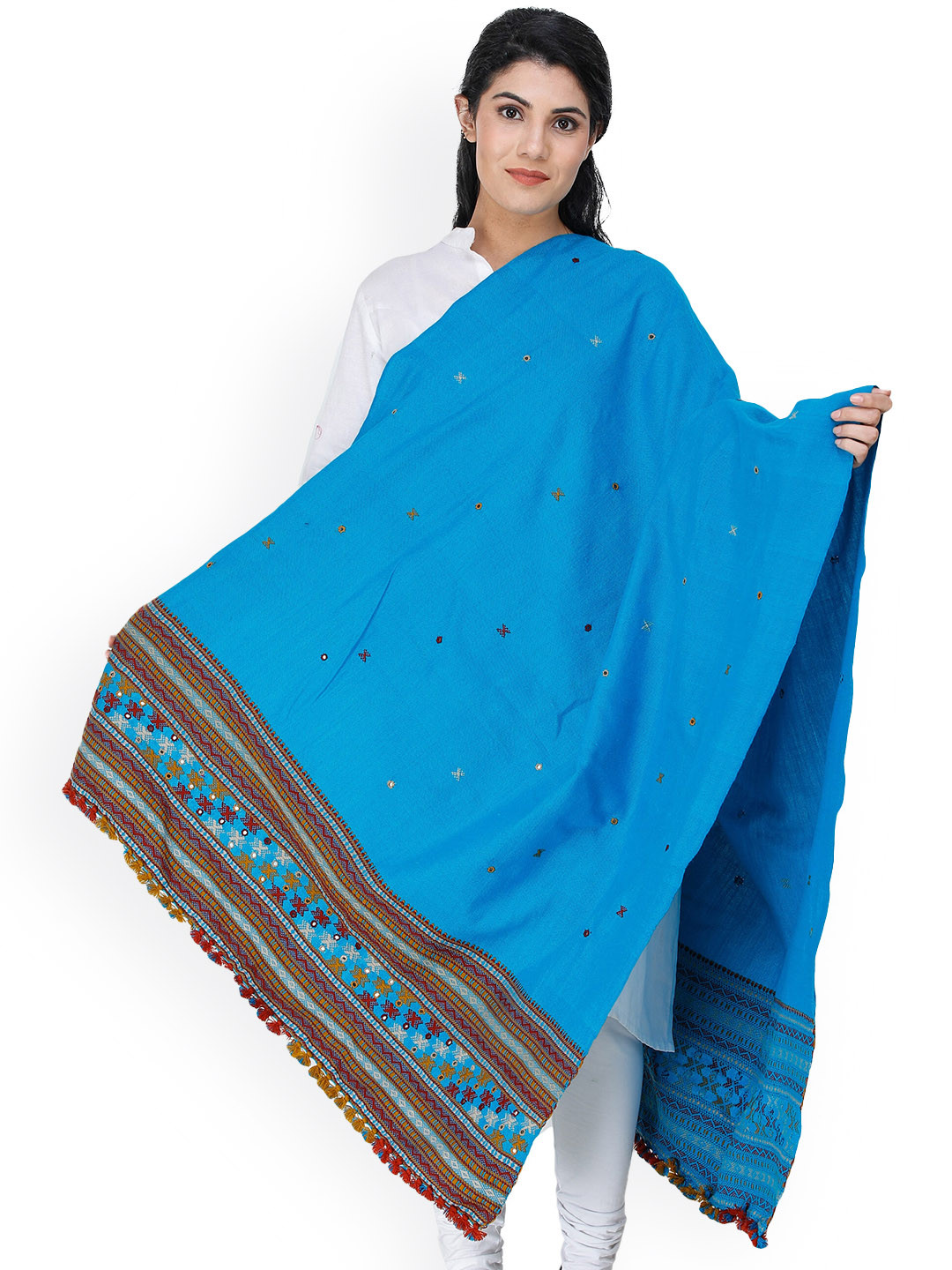 Exotic India Vivid Blue Pure Wool Embroidered Border and Mirrors Shawl