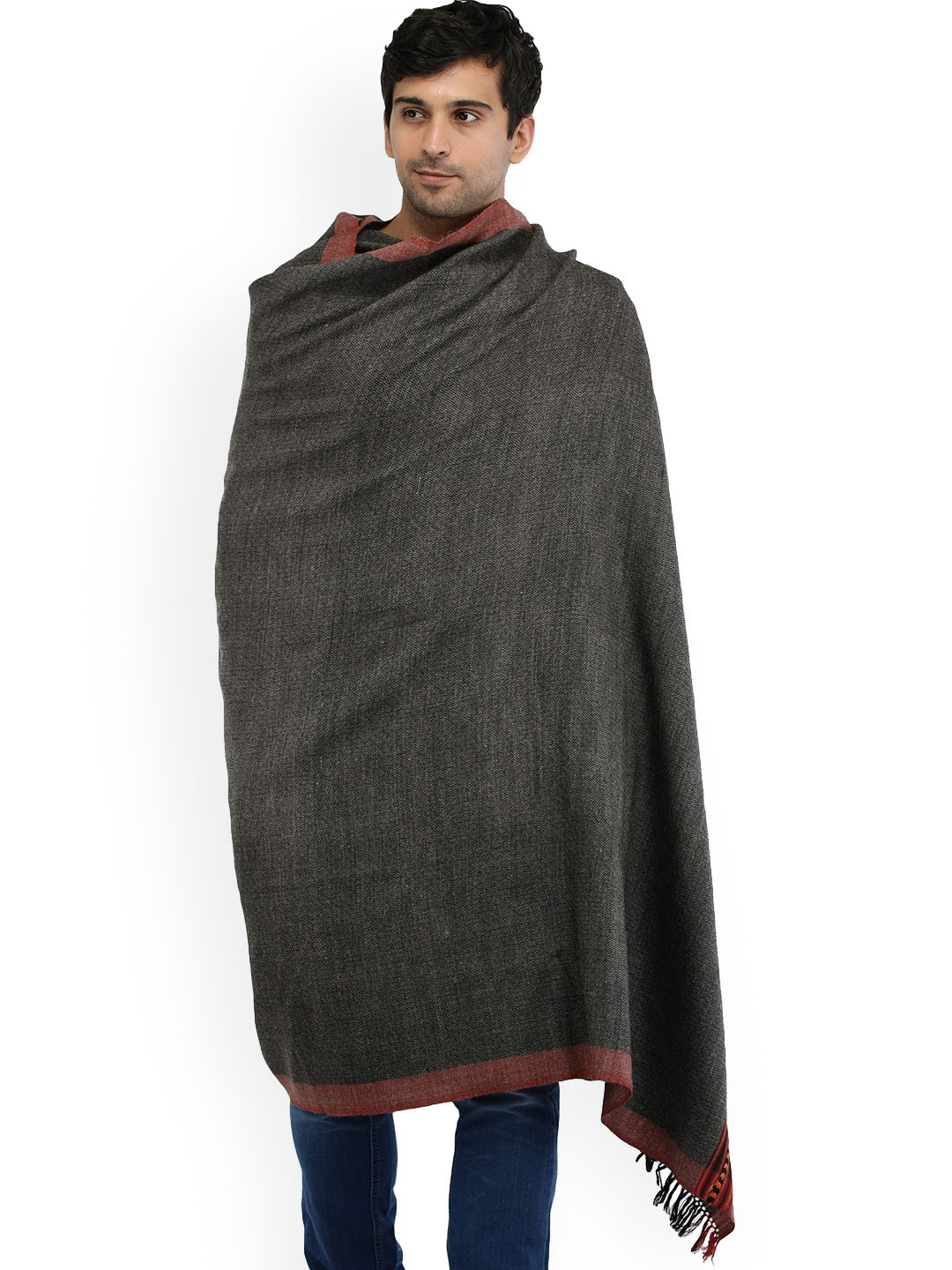 Exotic India Black Ink Pure Wool Kinnauri Woven Border Kullu Palla Shawl for Men's