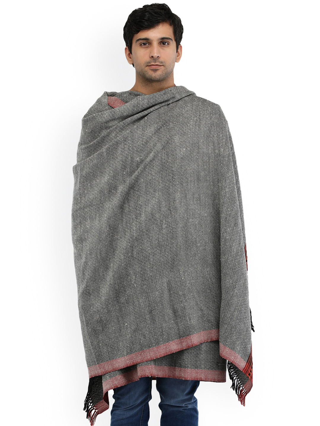 Exotic India Moonbeam Pure Wool Kinnauri Woven Border Kullu Palla Shawl for Men's