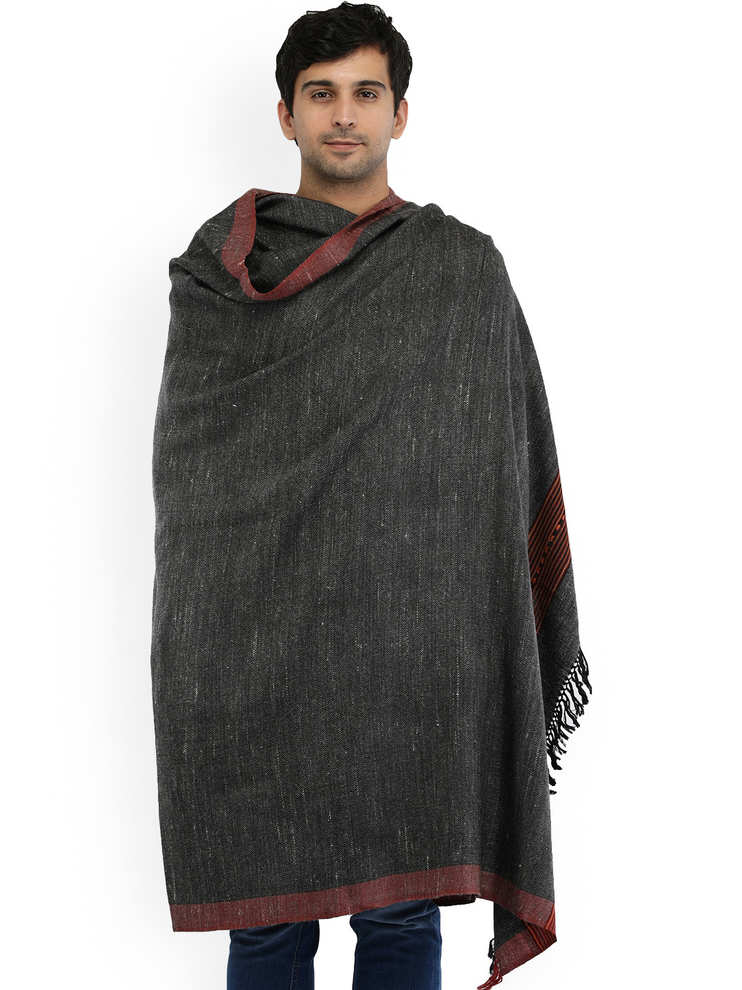 Exotic India Charcoal Pure Wool Kinnauri Woven Border Kullu Palla Shawl for Men's