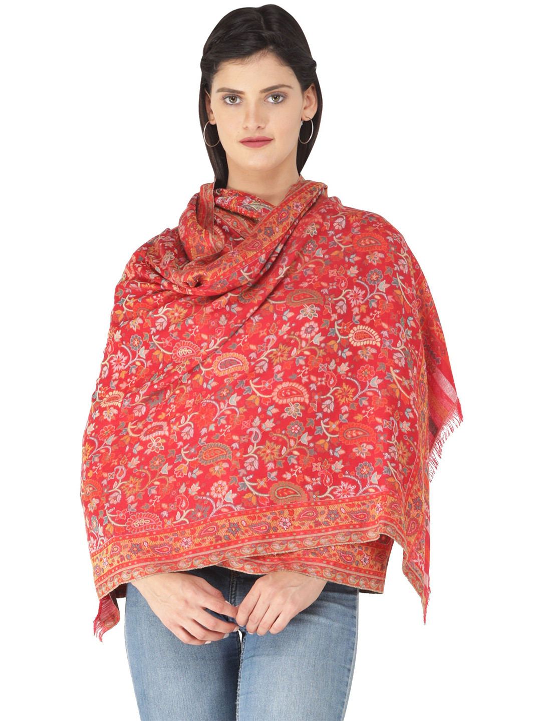 Exotic India Mars Red Pure Wool Kani Jamawar Multicolor Floral Vines Stole