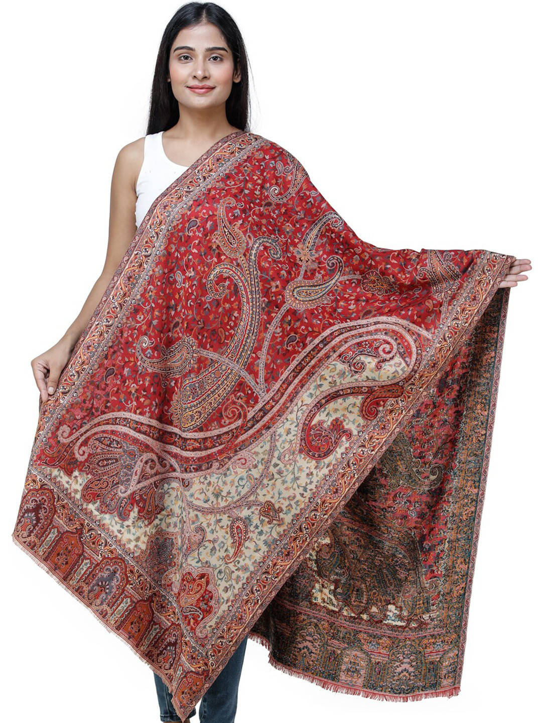 Exotic India Scarlet Sage Authentic Jamawar Stole with Woven Paisleys and Floral Motifs
