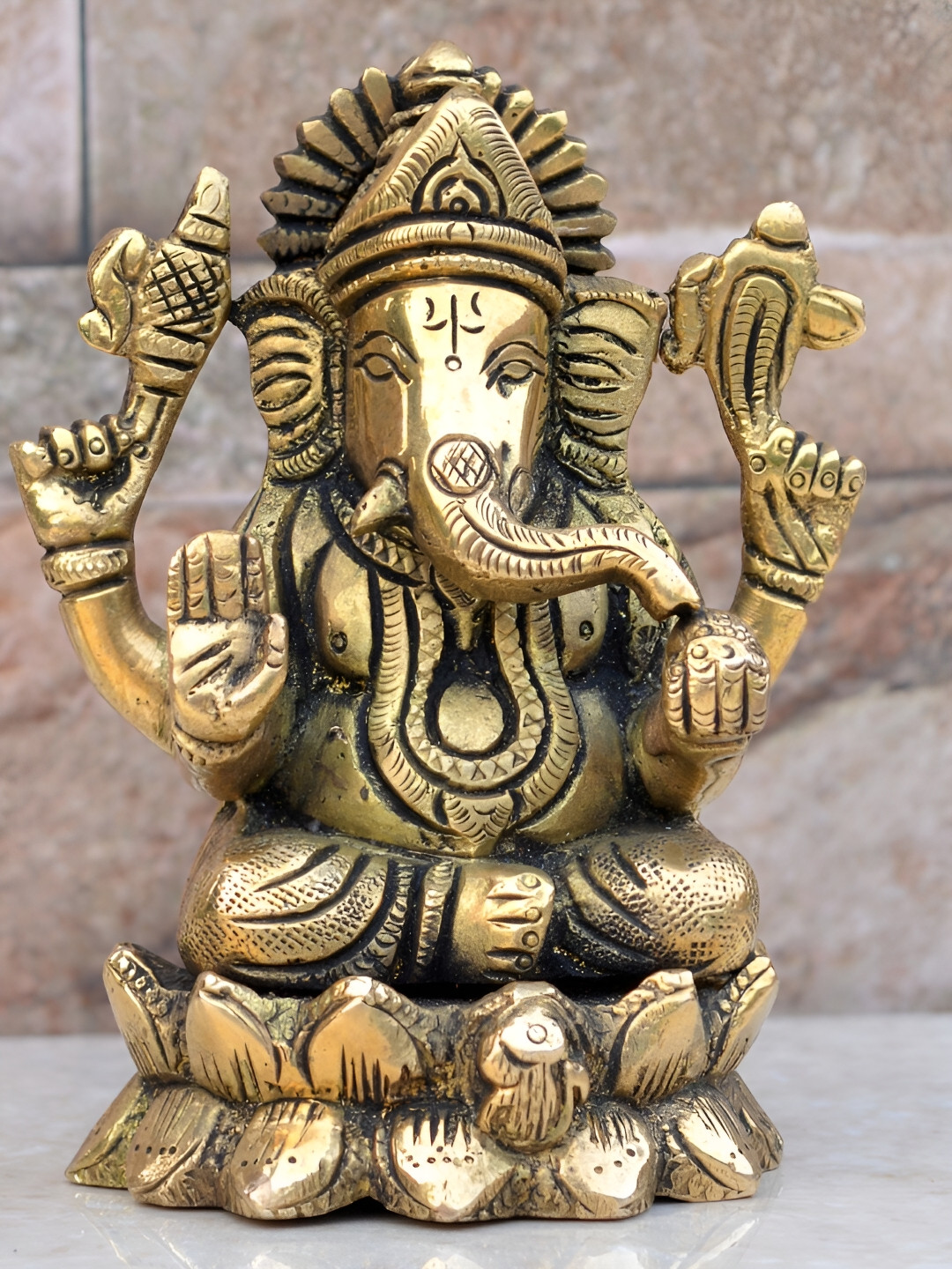 Aakrati Ganpati Yellow Brass Metallic Prayer Room Small Showpiece - 4.4 Inches