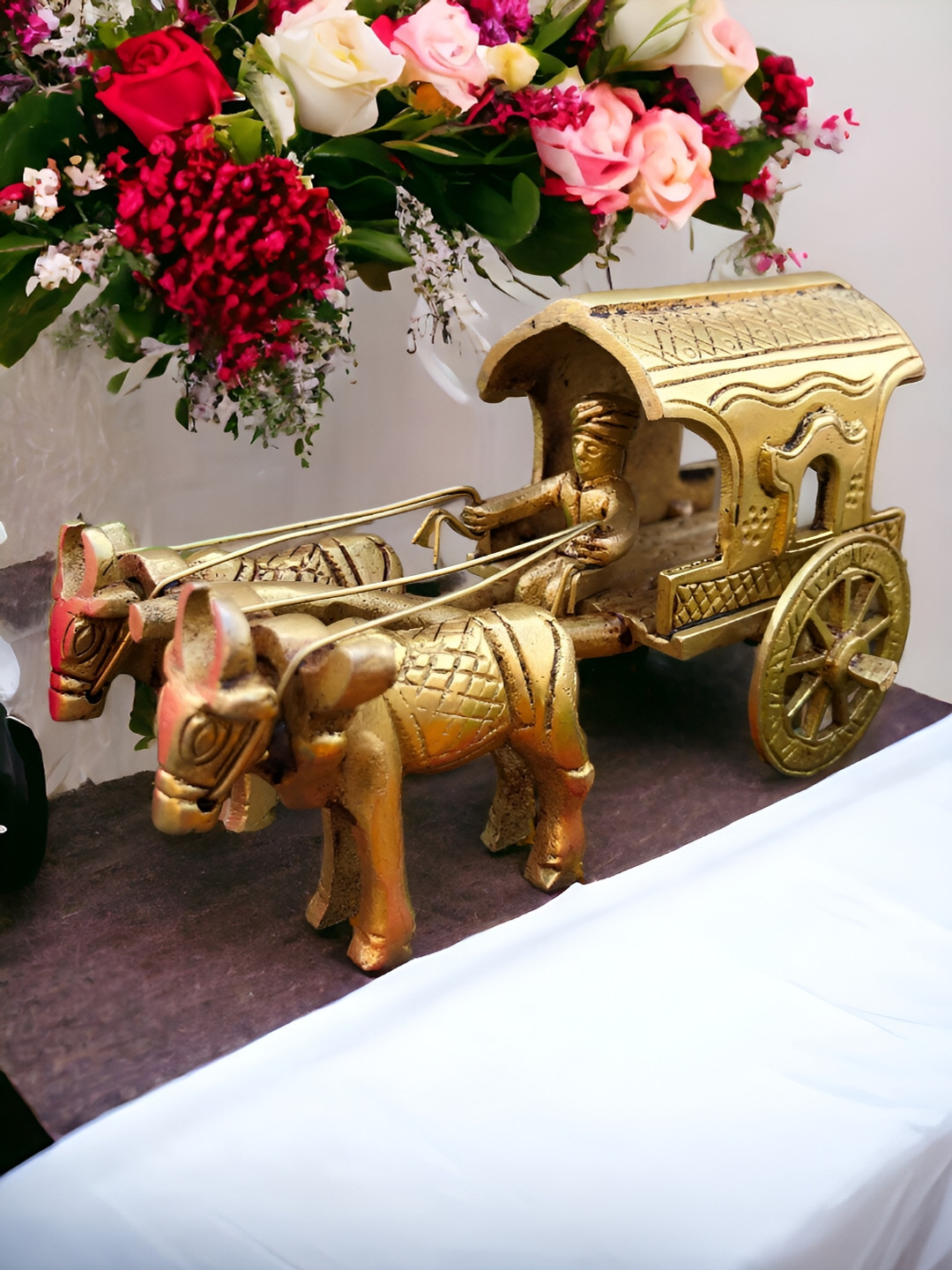 Aakrati Bullock Cart Gold Brass Metallic Living Room Small Showpiece - 2.8 Inches