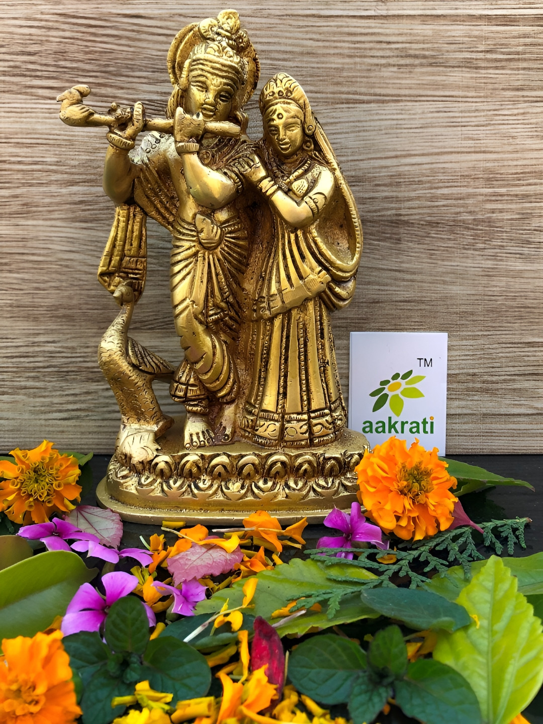 Aakrati Radha Krishna Yellow Brass Metallic Prayer Room Hand-Crafted Small Showpiece - 6 Inches