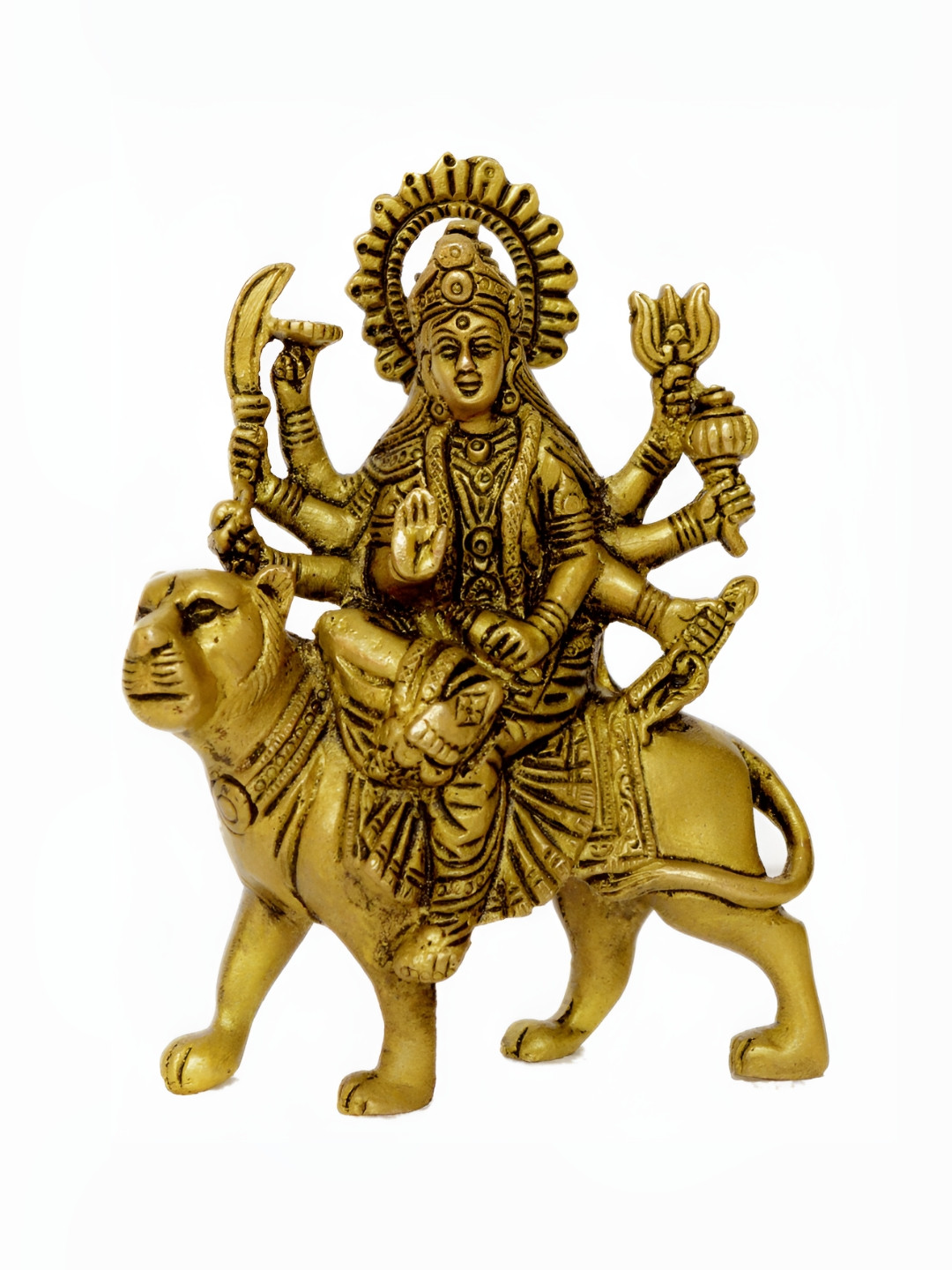 Aakrati Goddess Durga Yellow Brass Metallic Prayer Room Small Showpiece - 5.7 Inches