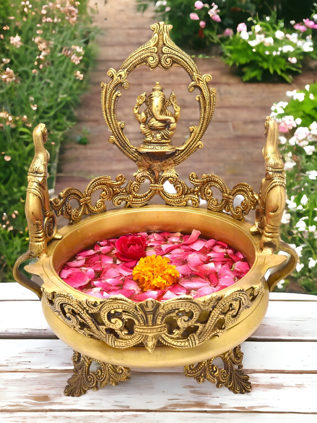 Aakrati Lord Ganesh With Urli Yellow Brass Matte Living Room Small Showpiece - 12.5 Inches